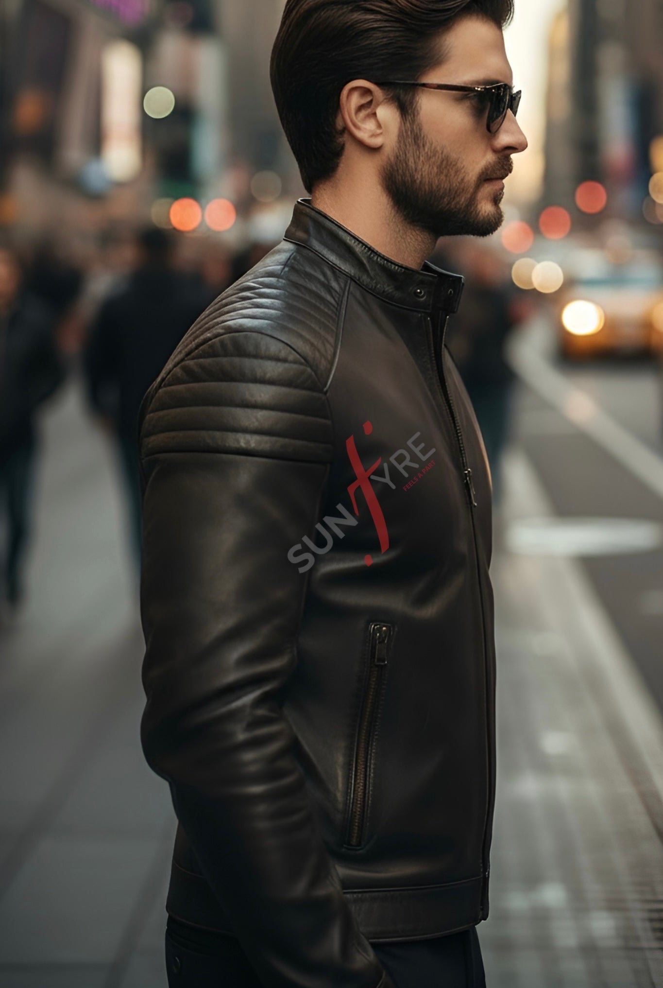 Man wearing a black leather jacket with 'Sunfire' branding on a city street.