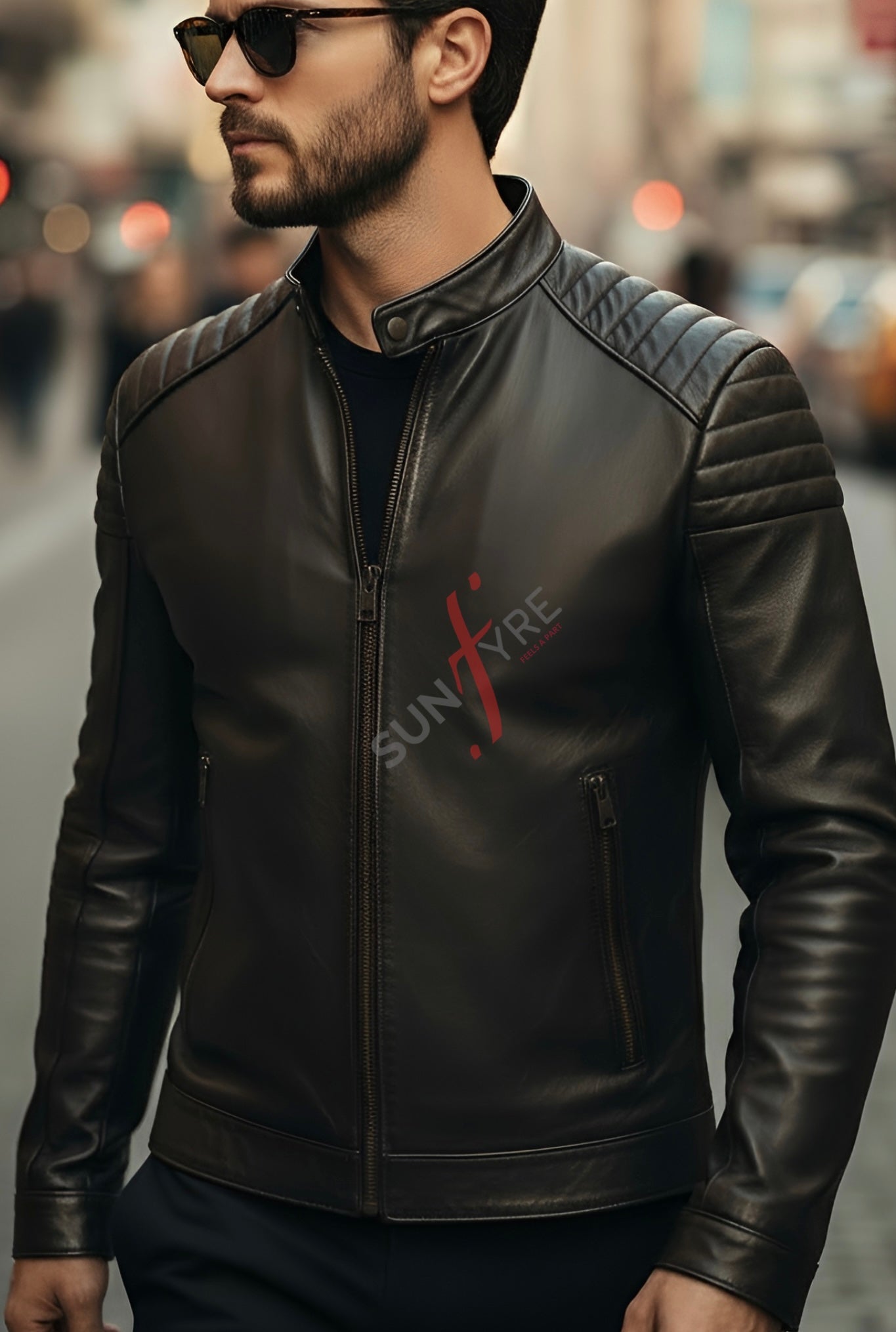 Man wearing a black leather jacket with 'Sunfire' logo on a blurred city street background