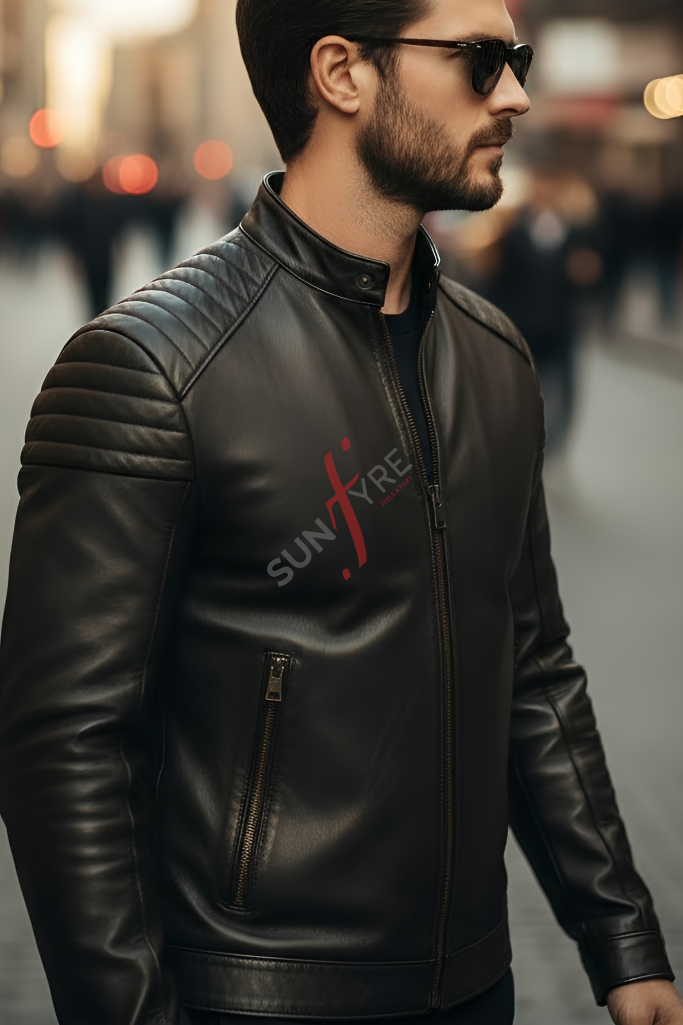 Man wearing a black leather jacket with 'Sunfire' logo in an urban setting