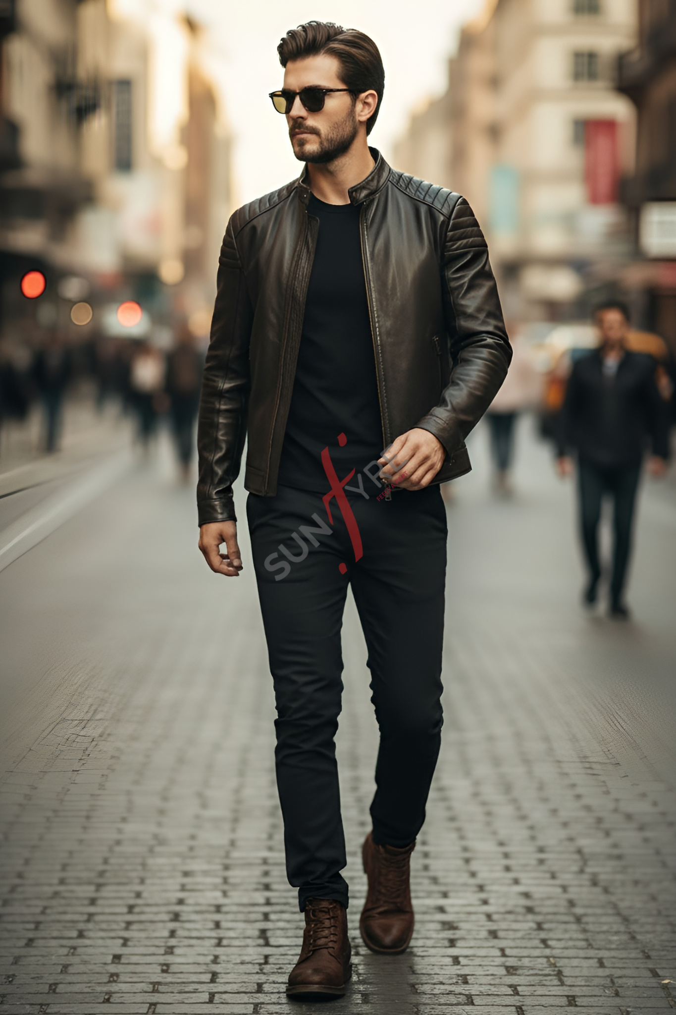 Man walking on a city street wearing a leather jacket and sunglasses.