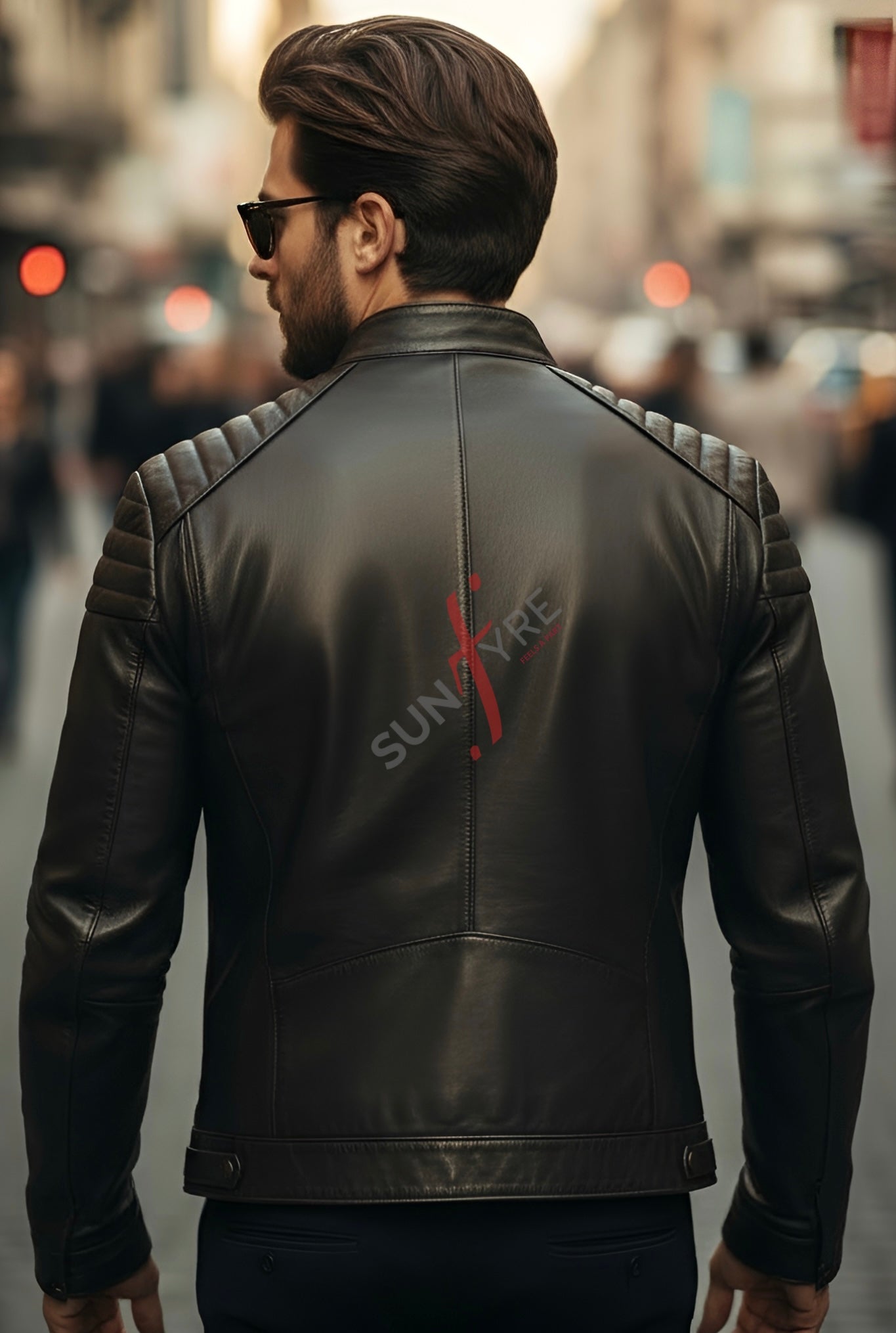 Man wearing a black leather jacket with 'SUNFYRE' branding on a blurred city street background