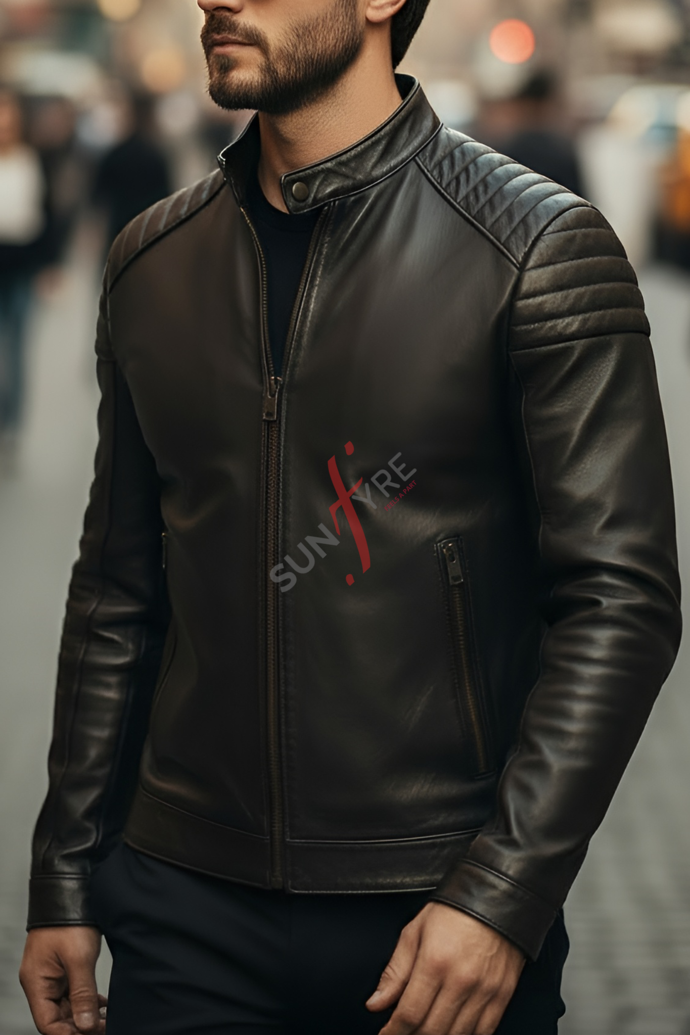Man wearing a black leather jacket with a brand logo on a blurred street background