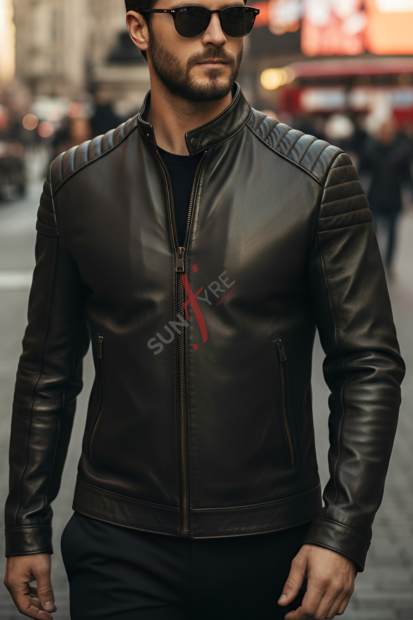 Man wearing a black leather jacket with 'Sunfire' branding in an urban setting
