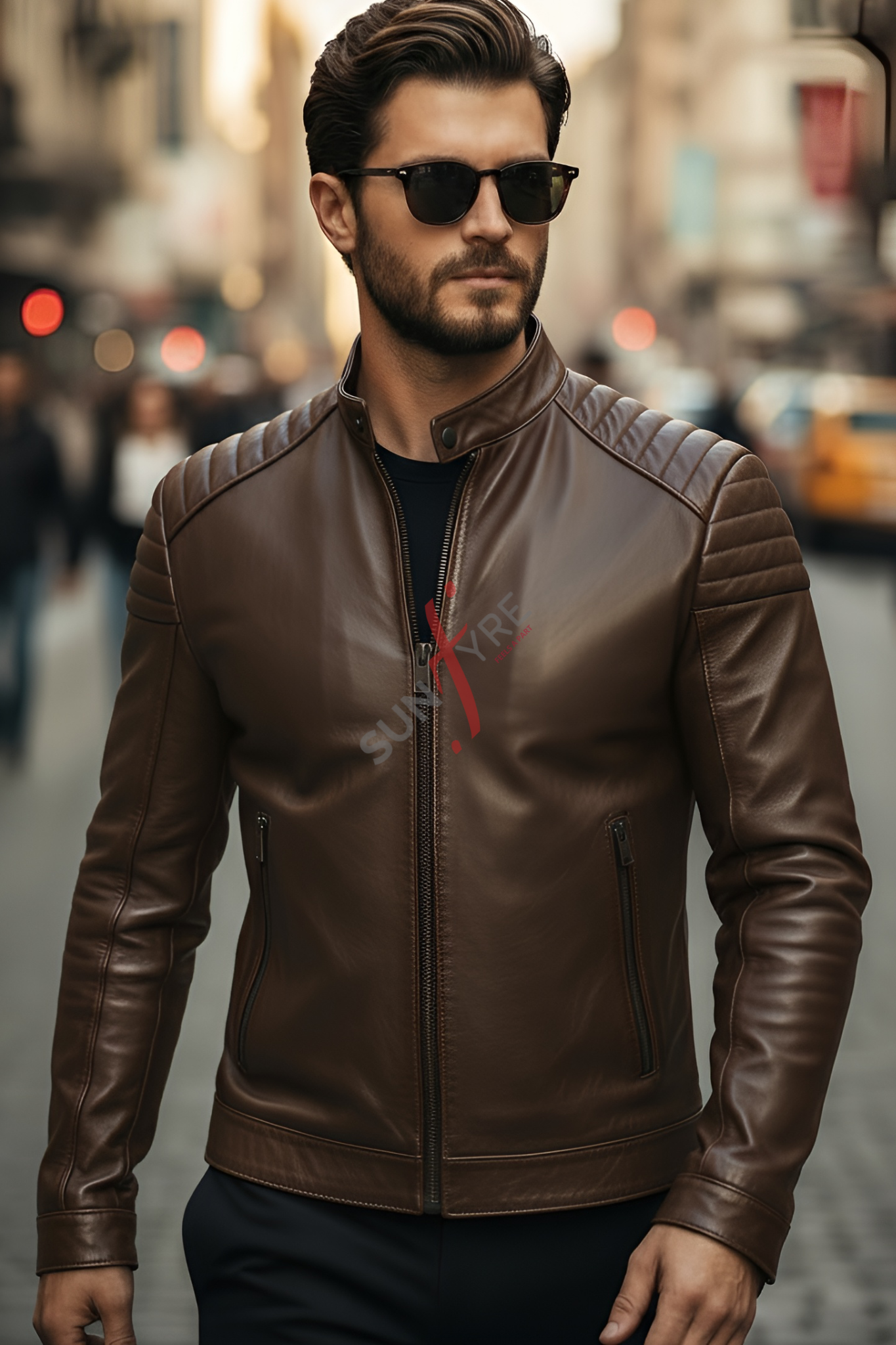 Man wearing a brown leather jacket and sunglasses on a city street.