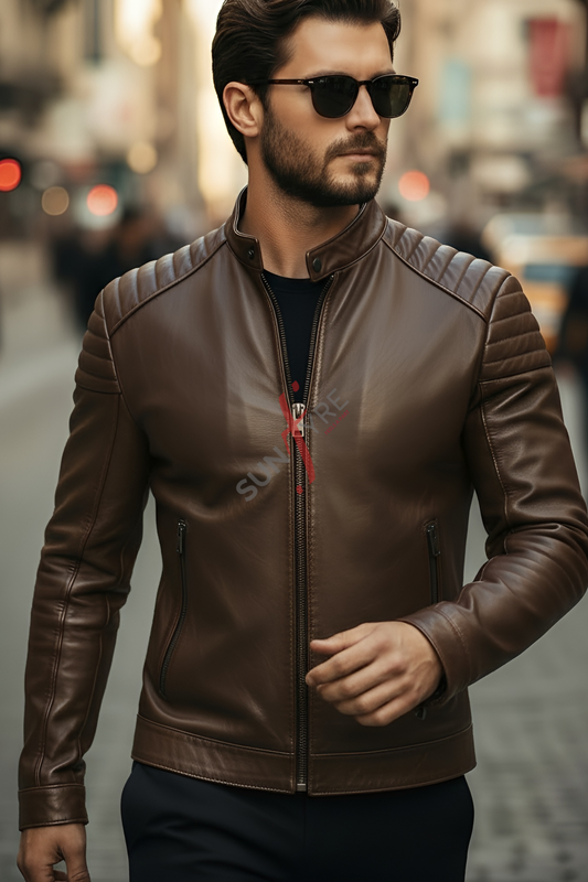 Man wearing a brown leather jacket and sunglasses on a city street.