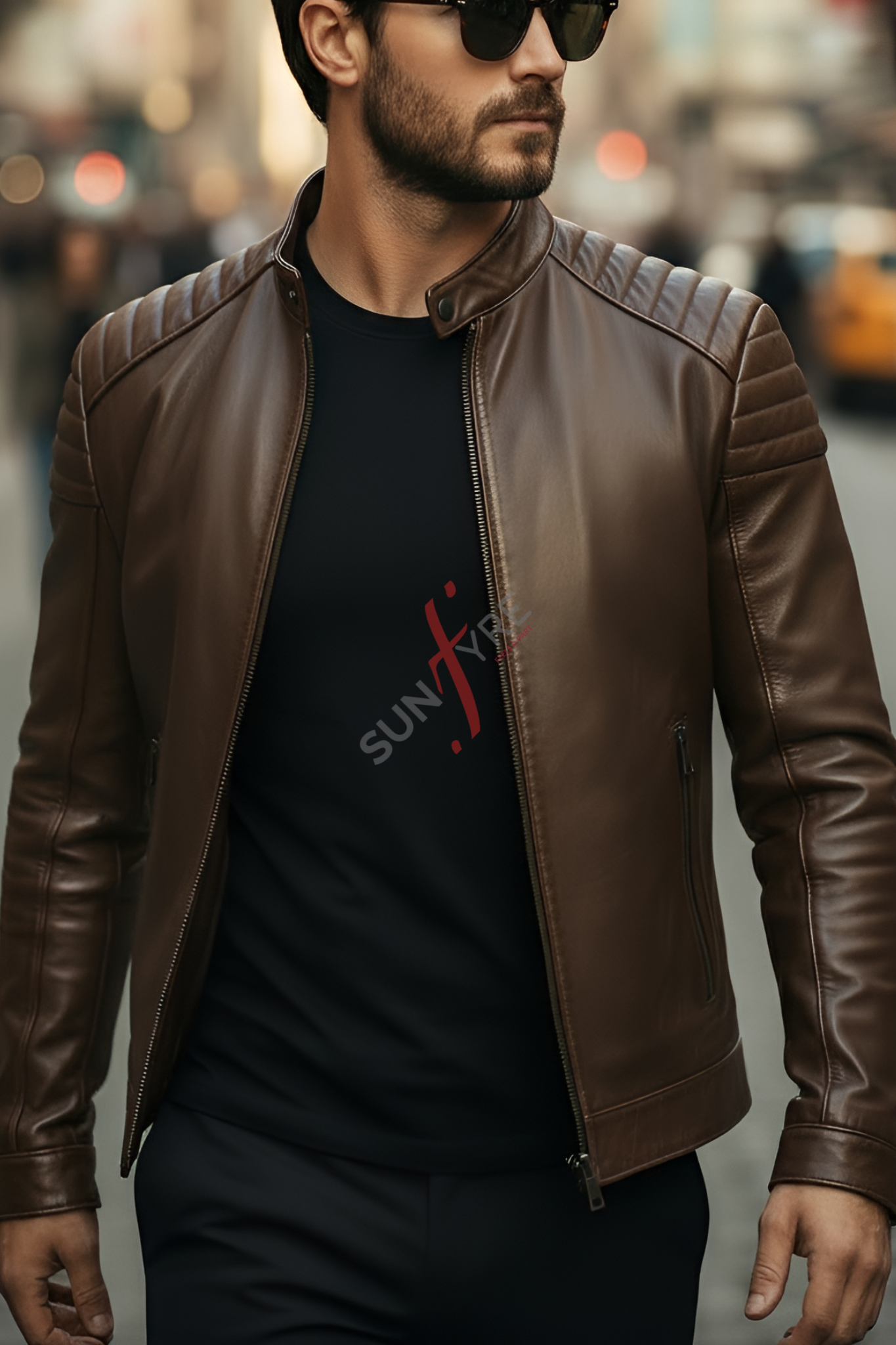 Man wearing a brown leather jacket and black t-shirt with a logo, standing on a blurred city street.