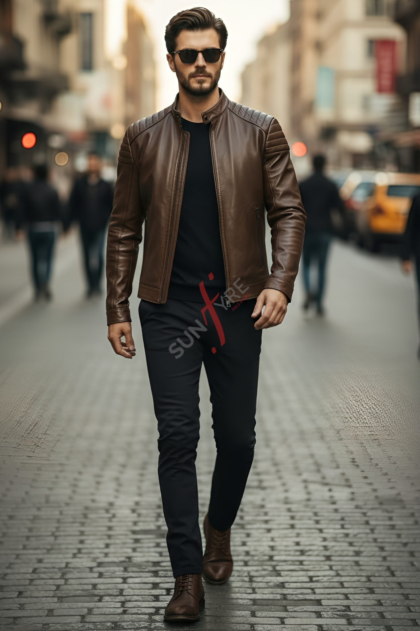 Man in a brown leather jacket walking on a city street