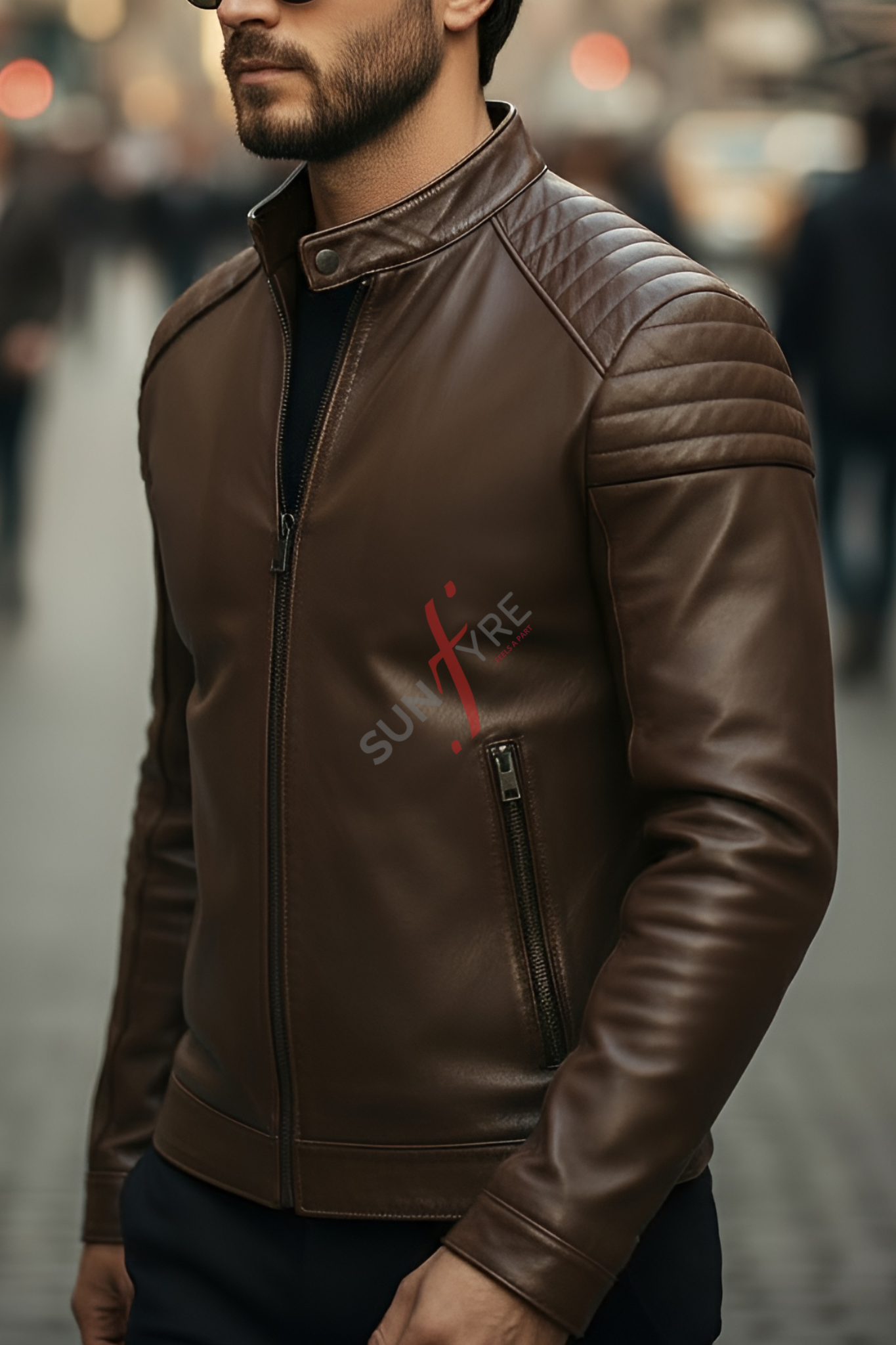 Man wearing a brown leather jacket with a brand logo on a blurred background