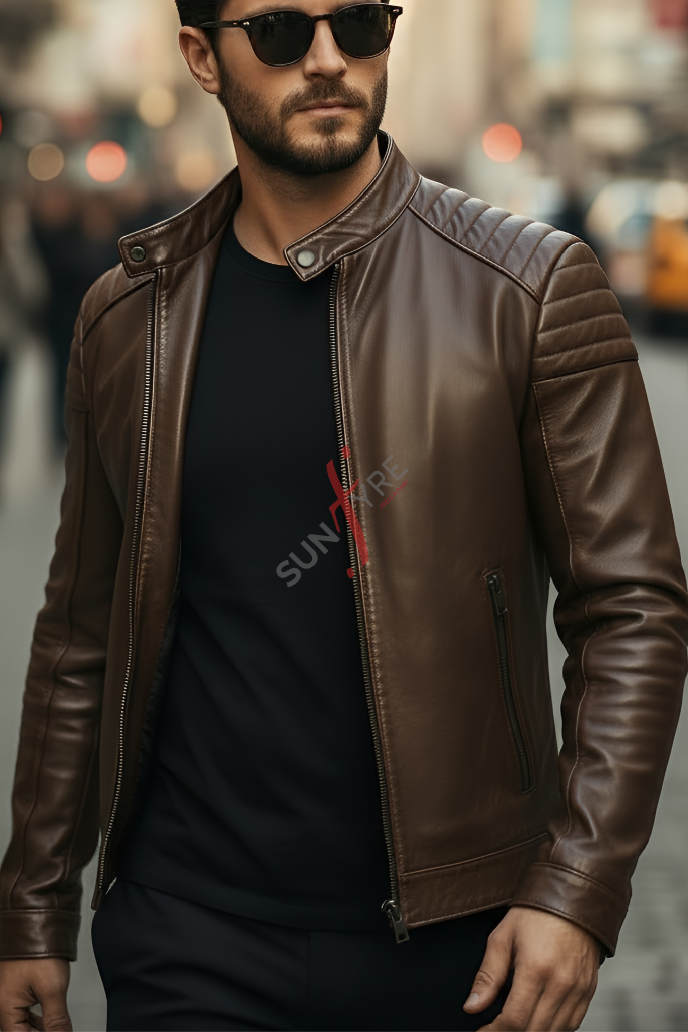 Man wearing a brown leather jacket and sunglasses with a blurred city street background