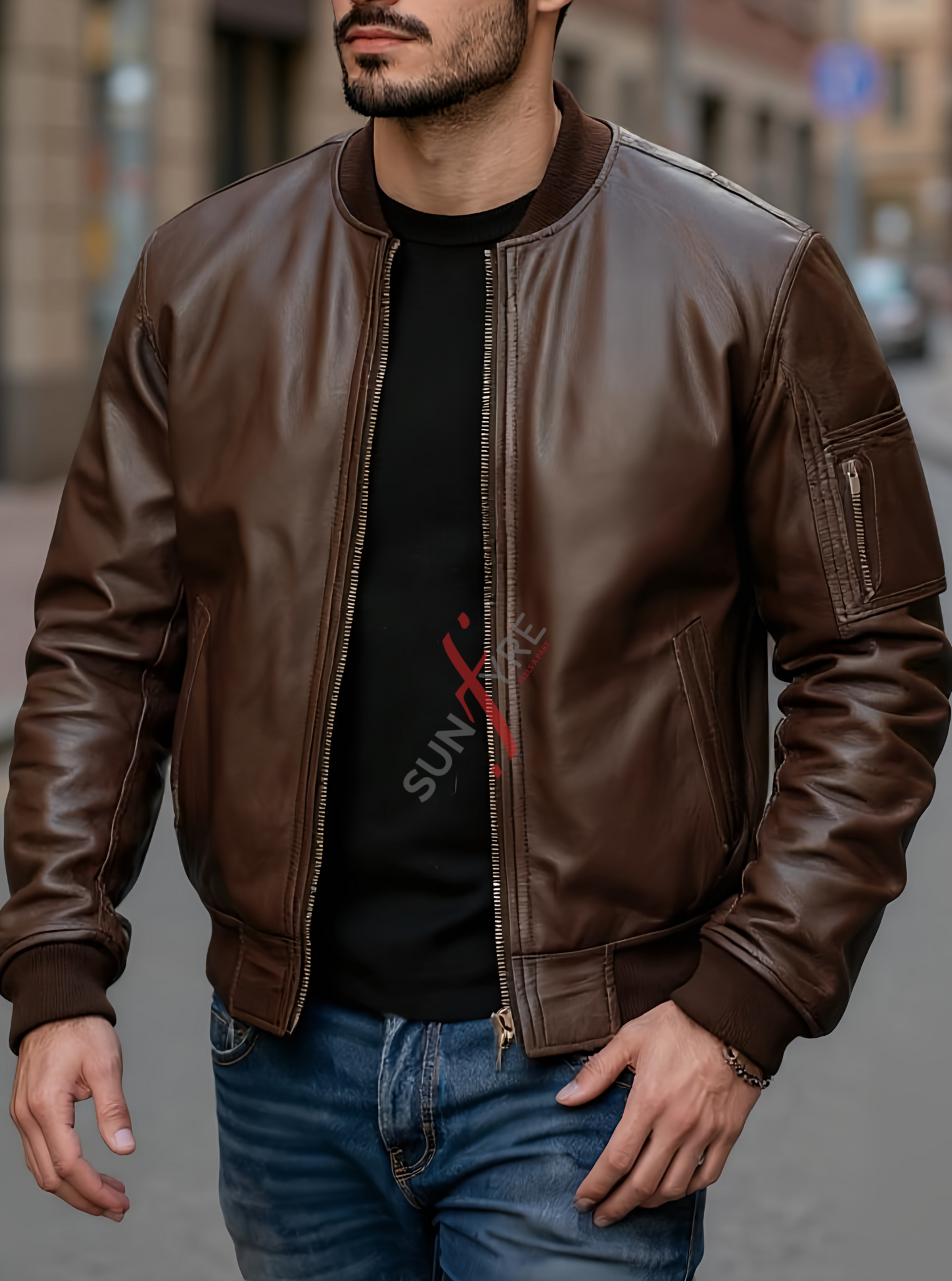 Original Dark Brown Bomber Leather Jacket For Men (SF698)