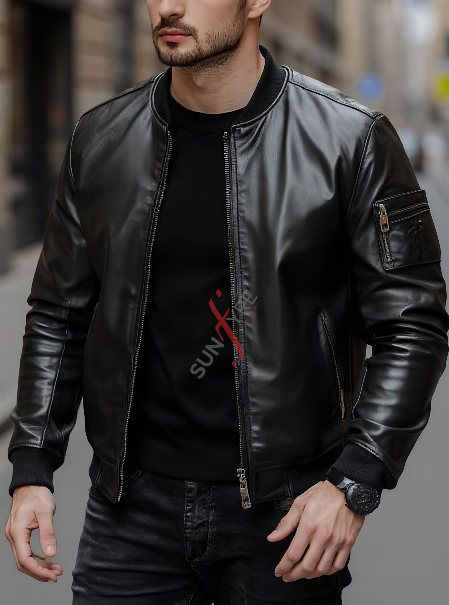 Black Bomber Leather Jacket For Men Lambskin (SF104)