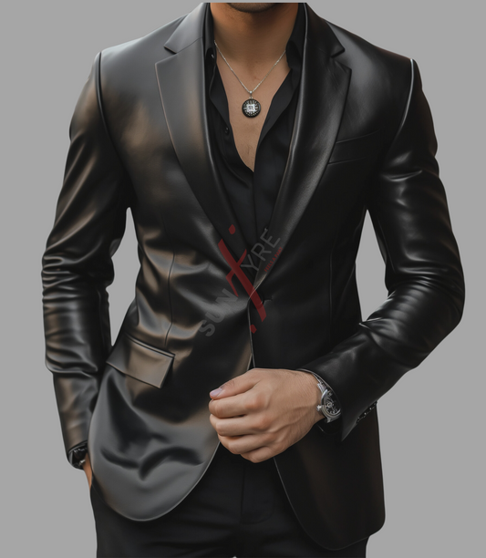 Real Lambskin Black Two Button Leather Blazer For Men