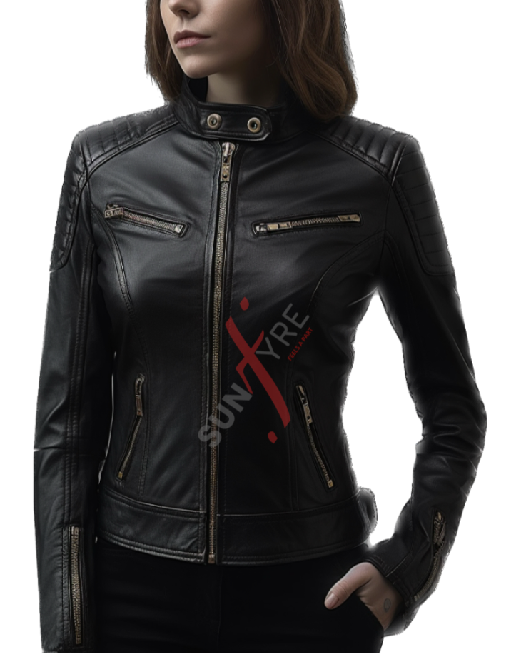 Cafe  racer black leather jacket for women 