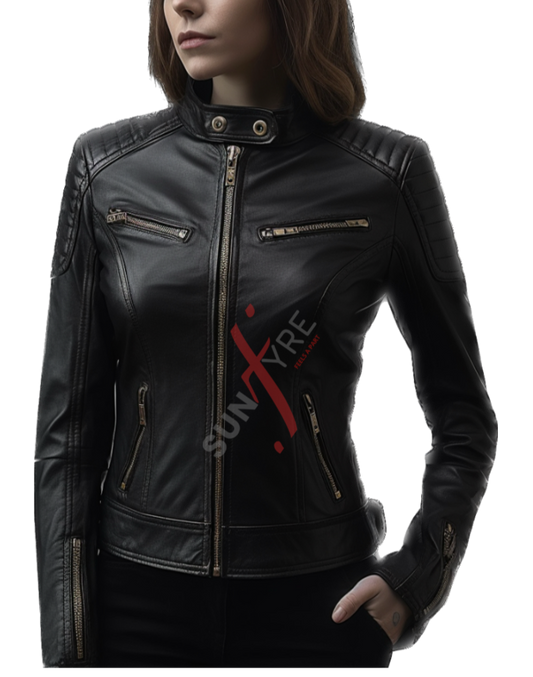 Cafe  racer black leather jacket for women 