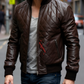 Quilted Brown Classic Bomber Leather Jacket For Men Real in Sheepskin (SF609)