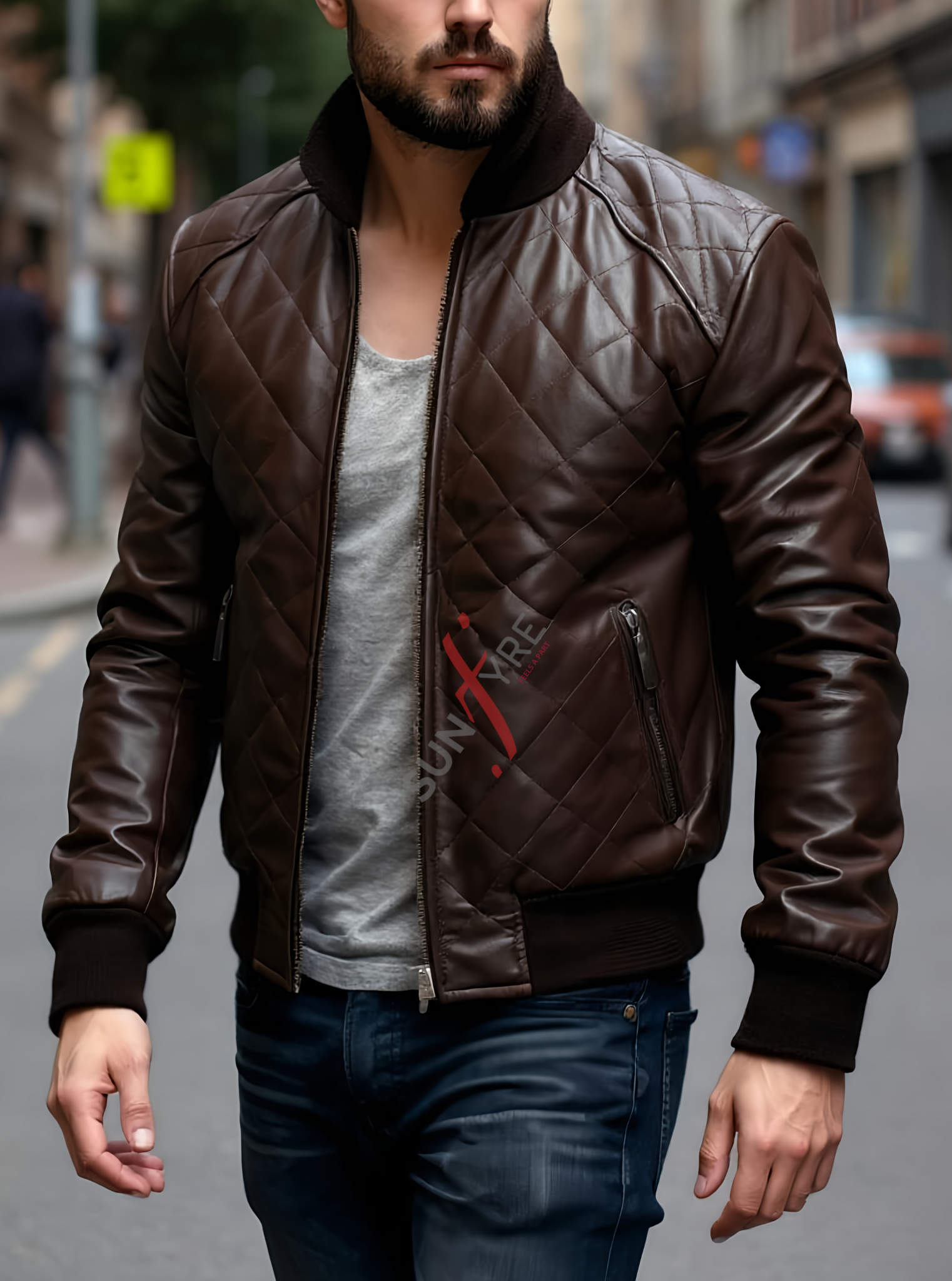 Quilted Brown Classic Bomber Leather Jacket For Men Real in Sheepskin (SF609)