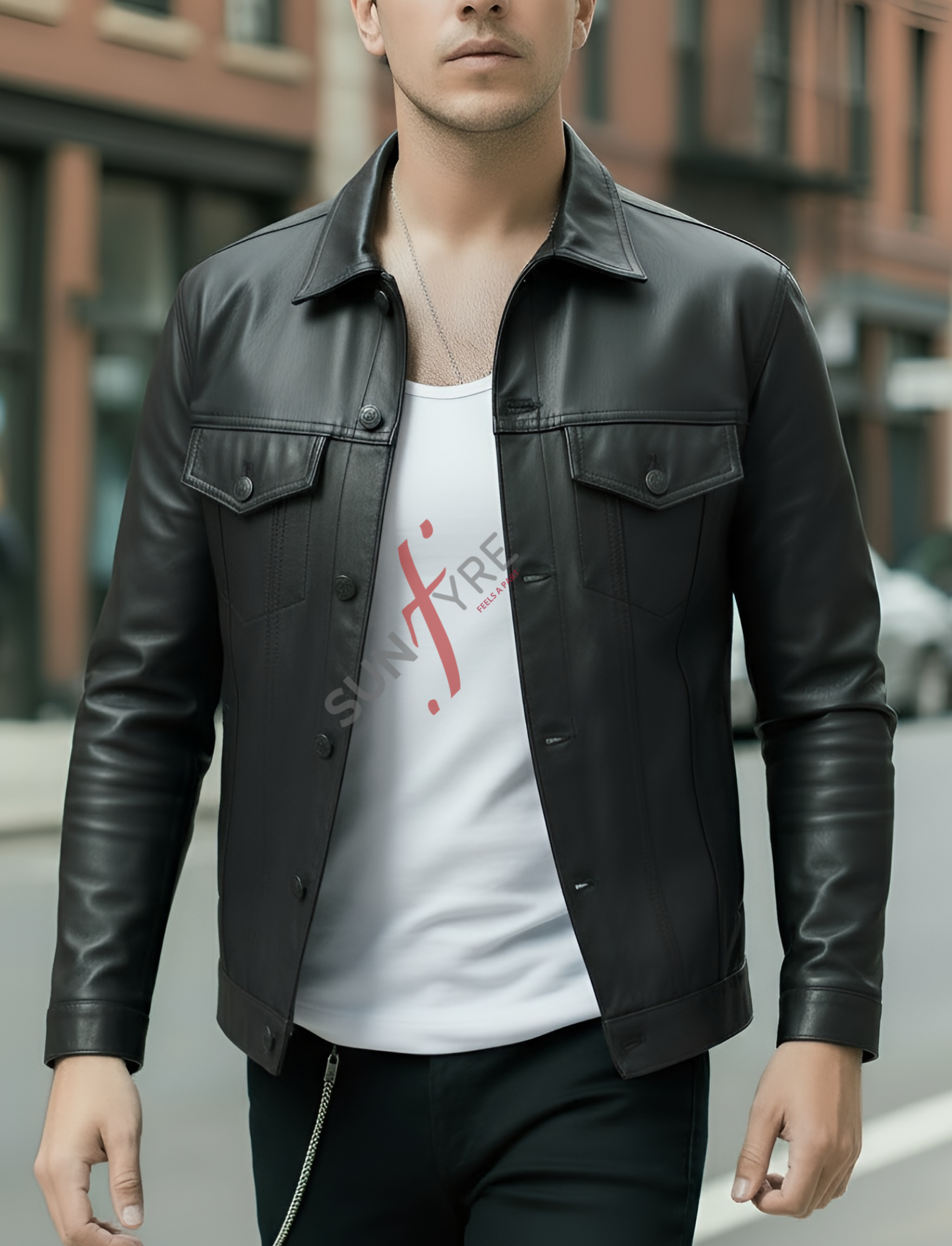 Man wearing a black leather jacket over a white shirt with red text on a city street.