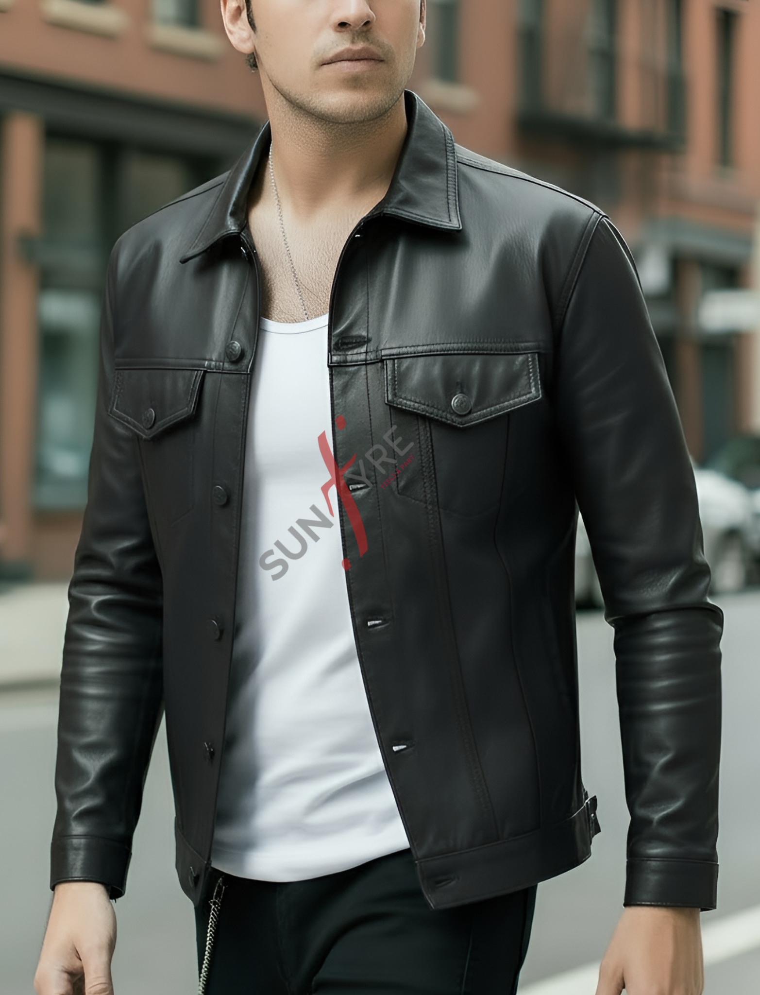 Man wearing a black leather jacket over a white shirt with red text, standing on a street.