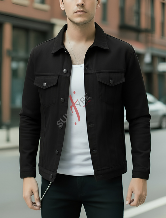 Man wearing a black jacket over a white shirt with red text on a street.