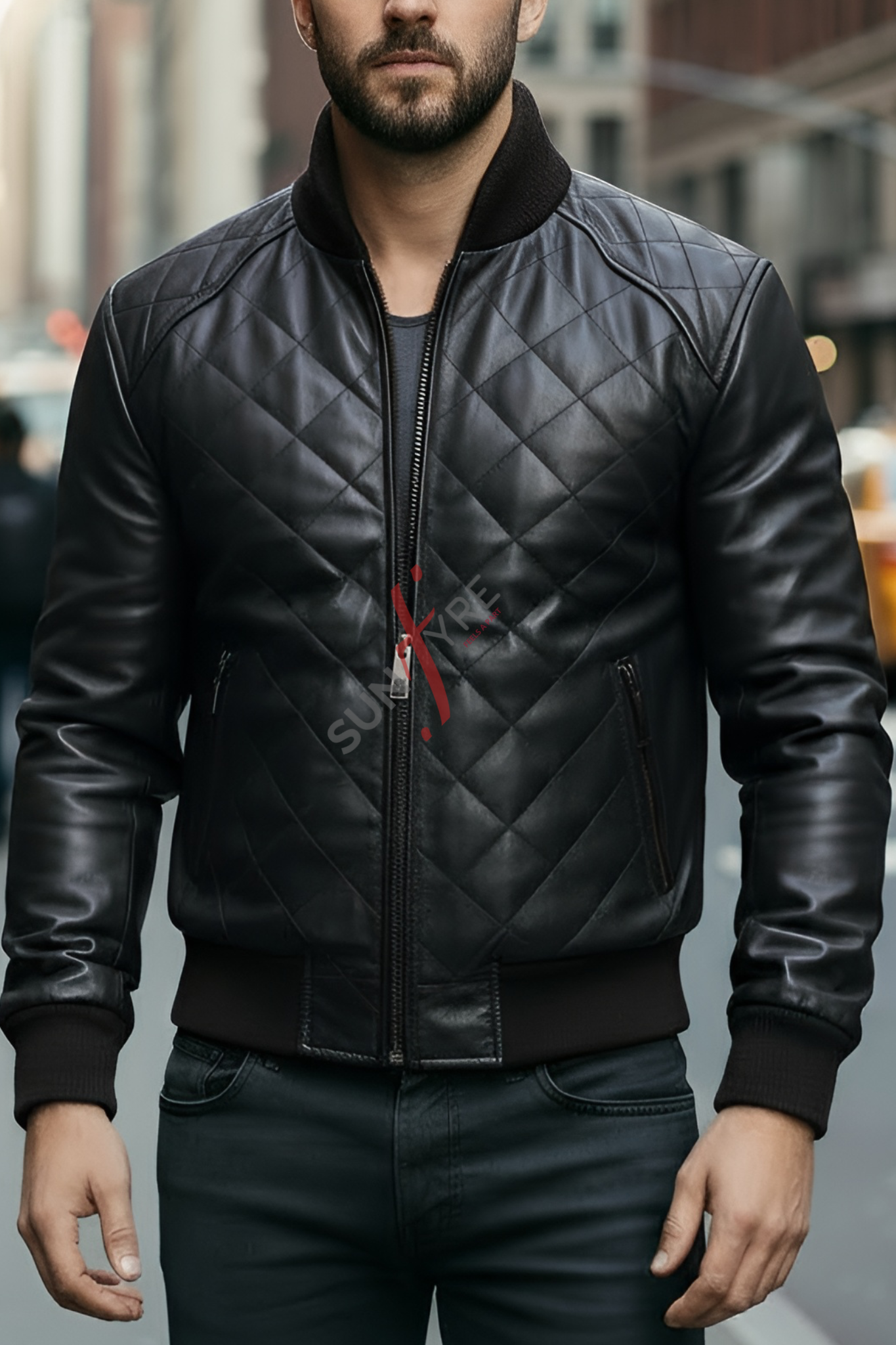 Man wearing a black quilted leather jacket with a blurred city street background