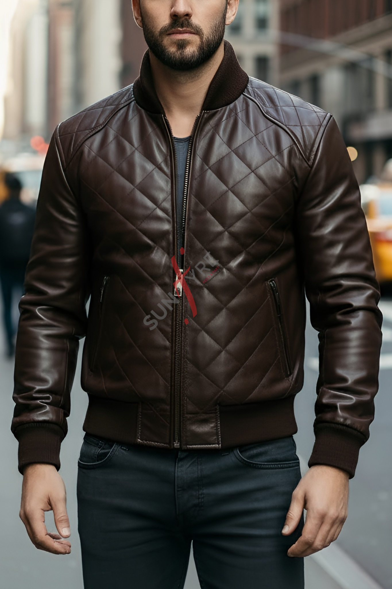 Man wearing a brown quilted leather jacket on a city street.
