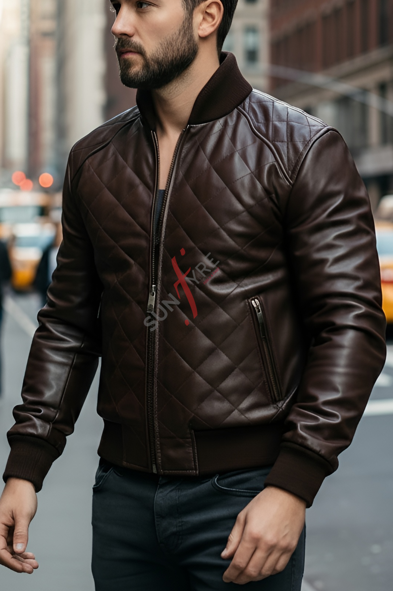 Man wearing a brown leather jacket with a brand logo on a city street.