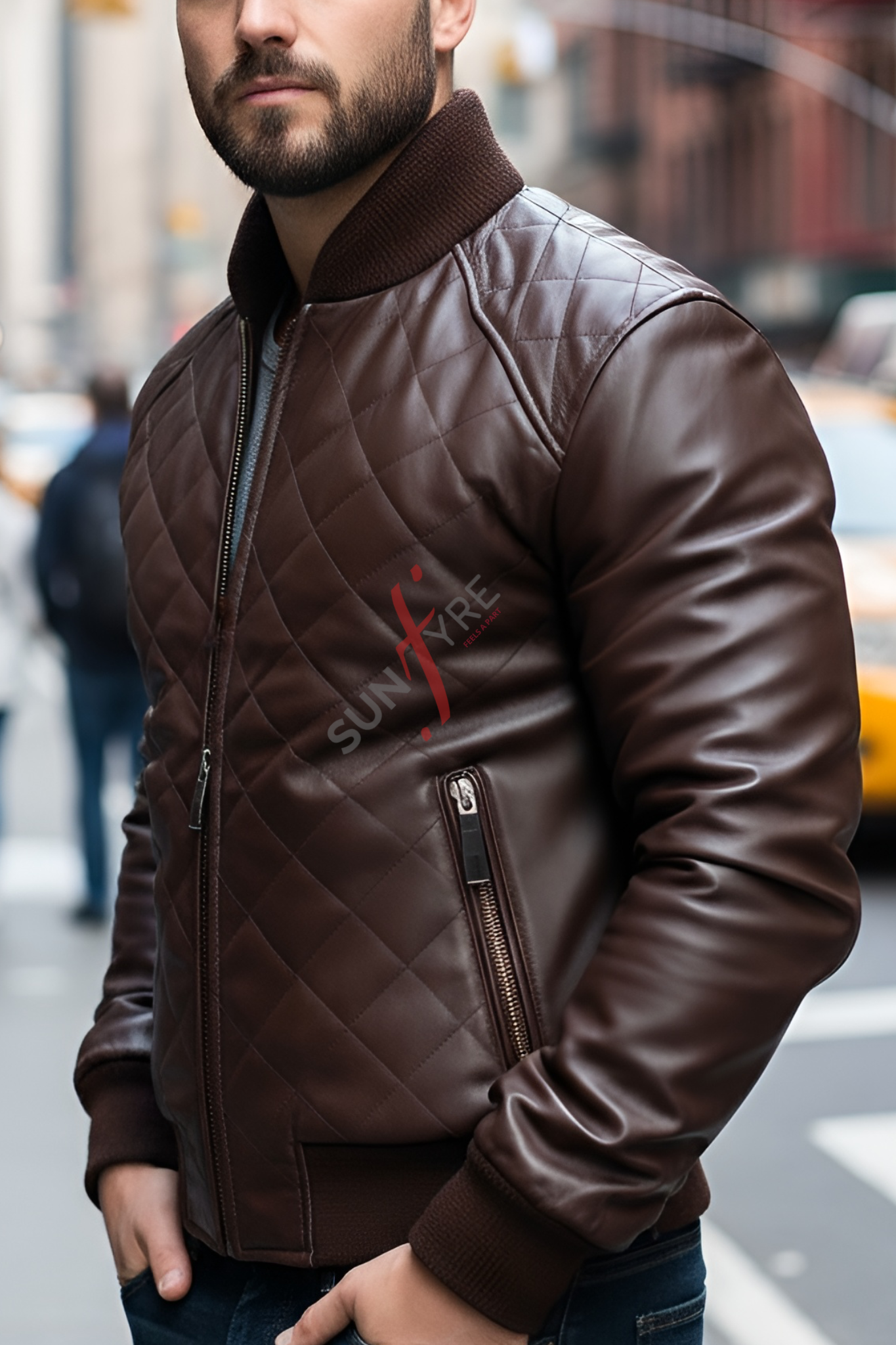Man wearing a brown quilted leather jacket with a brand logo on a city street.