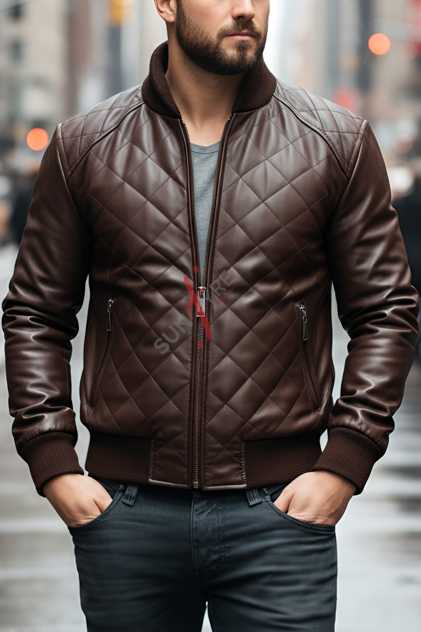 Man wearing a brown quilted leather jacket on a blurred city street background