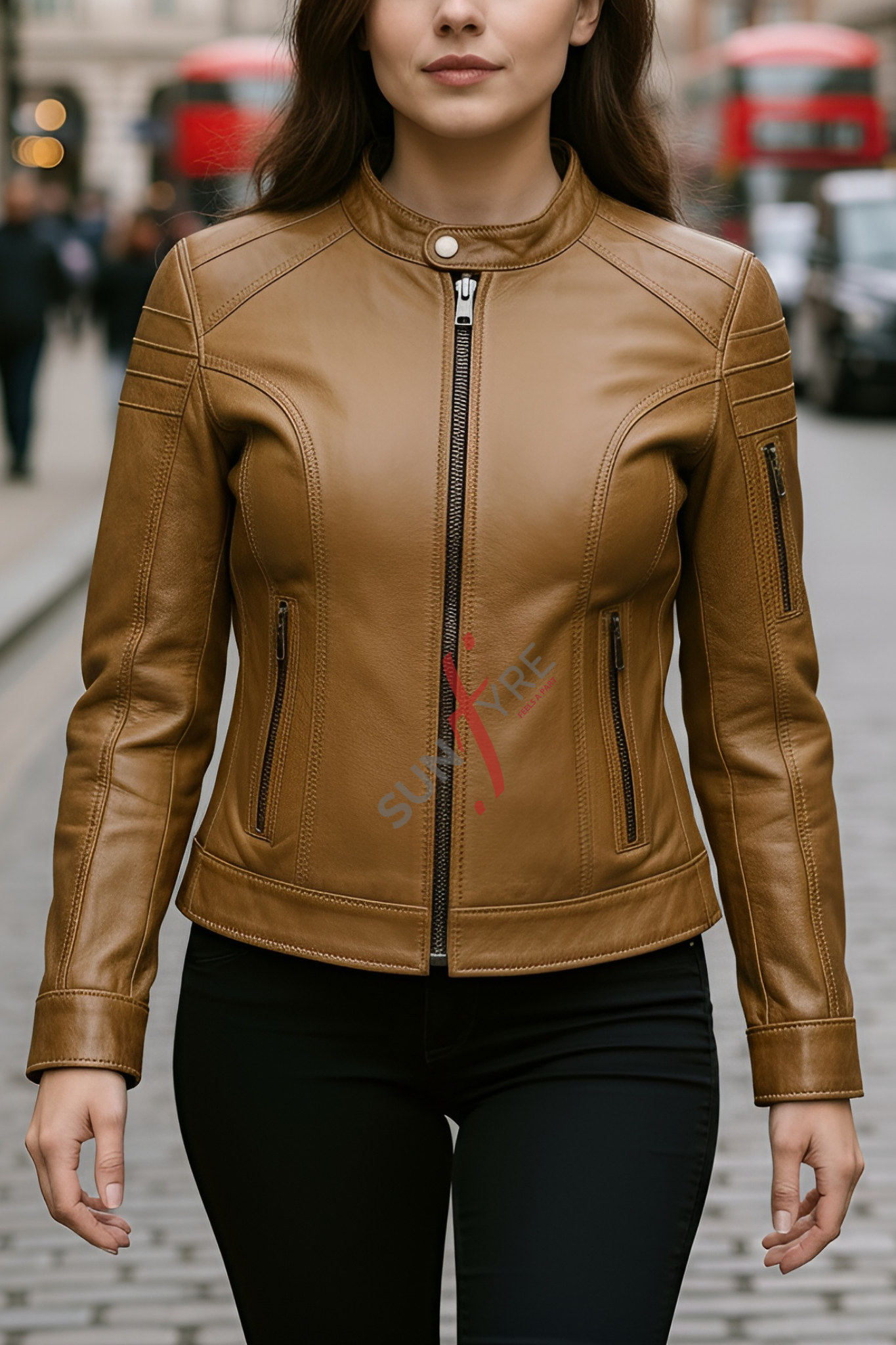 Jasmine Racer Cognac Biker Leather Jacket For Women (SF160)