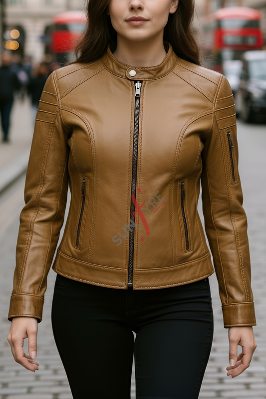 Jasmine Racer Cognac Biker Leather Jacket For Women (SF160)