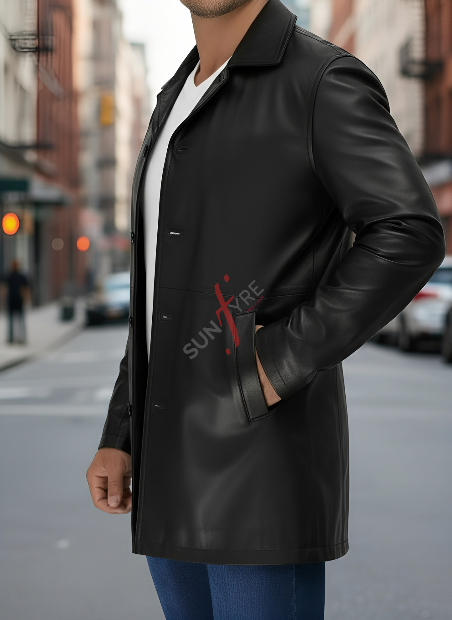 Person wearing a black leather jacket with a brand logo on a city street.