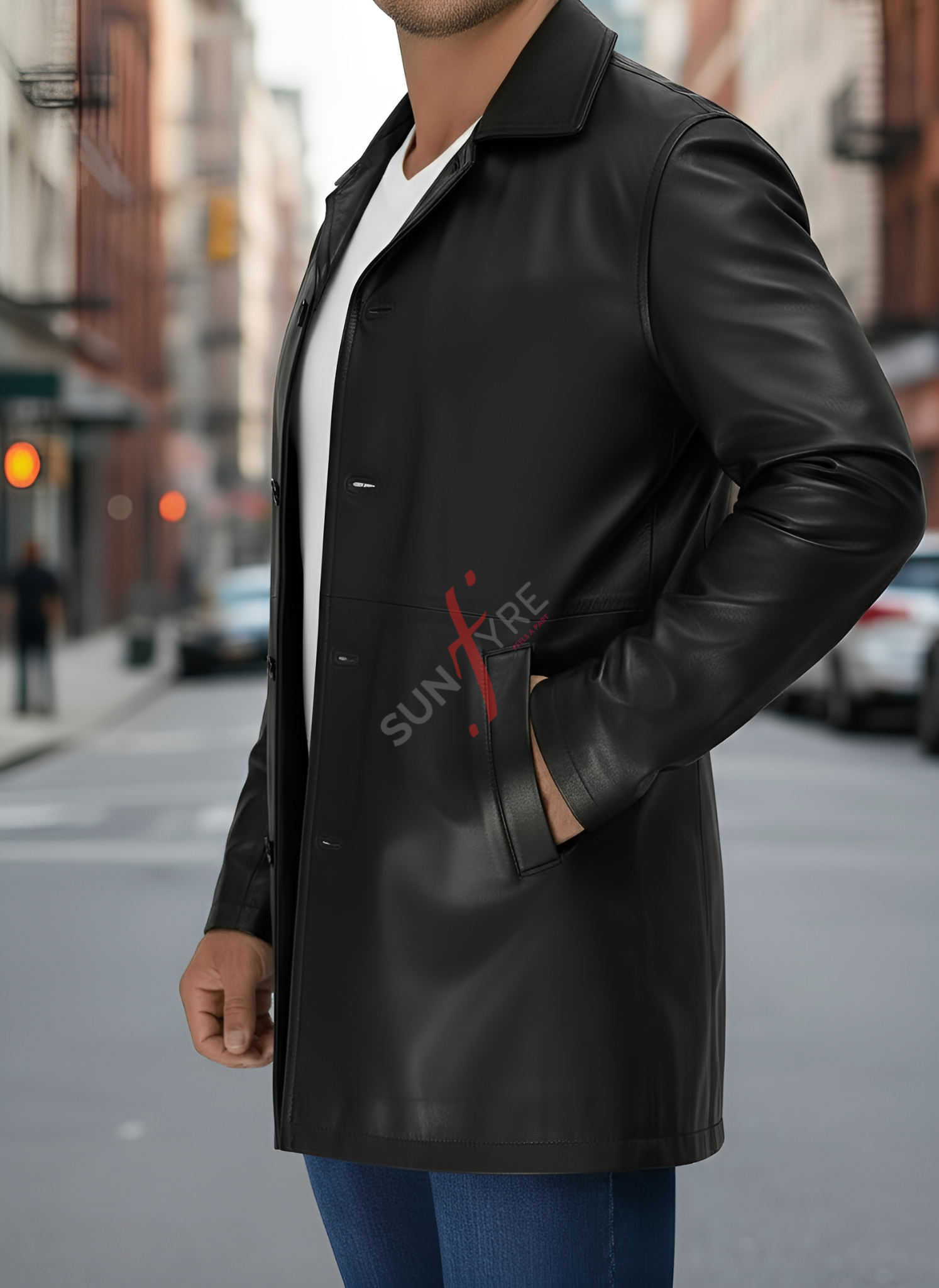 Person wearing a black leather jacket with a brand logo on a city street.