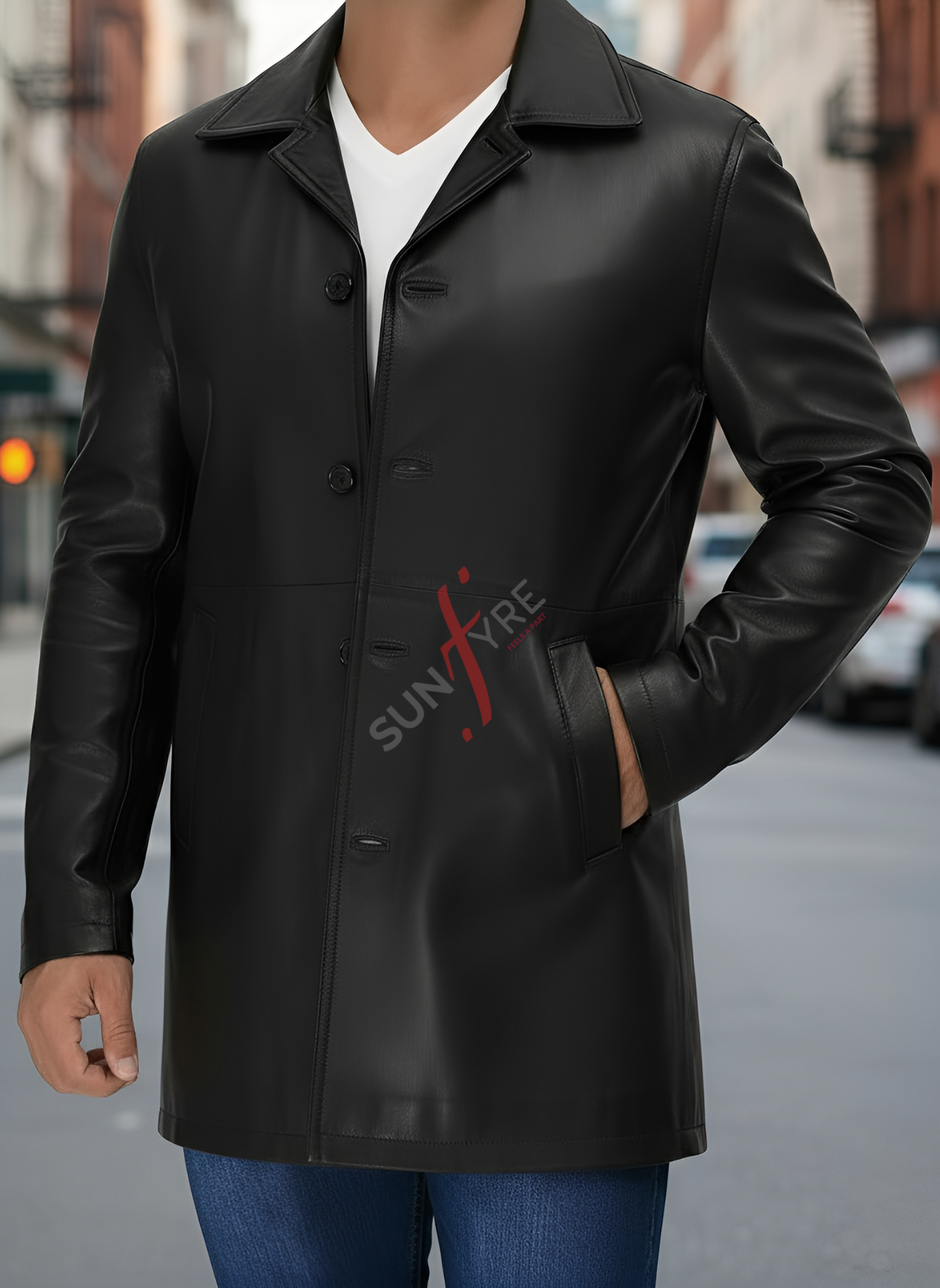 Black leather coat with a brand logo on a blurred street background