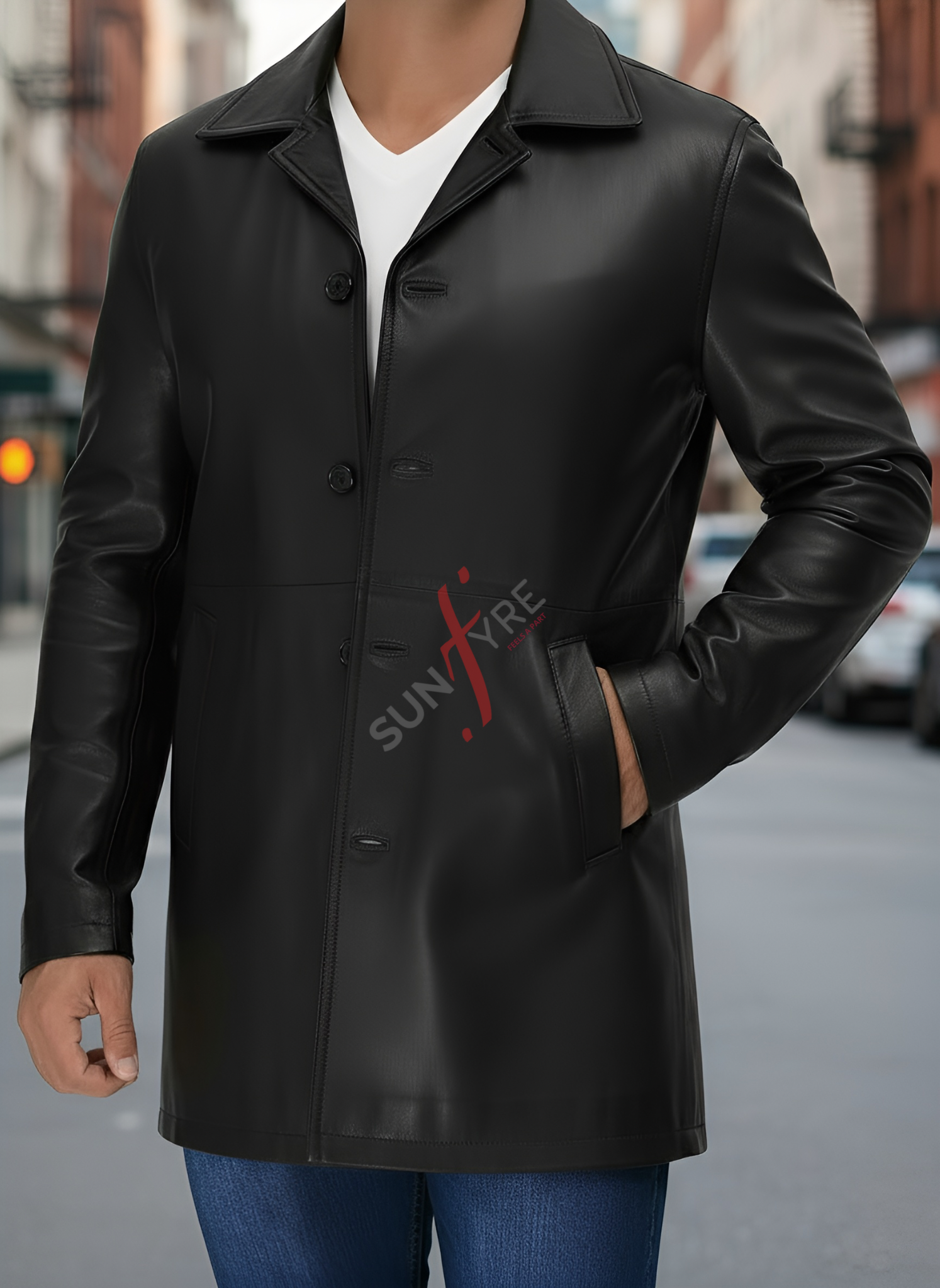 Black leather coat with a brand logo on a blurred street background