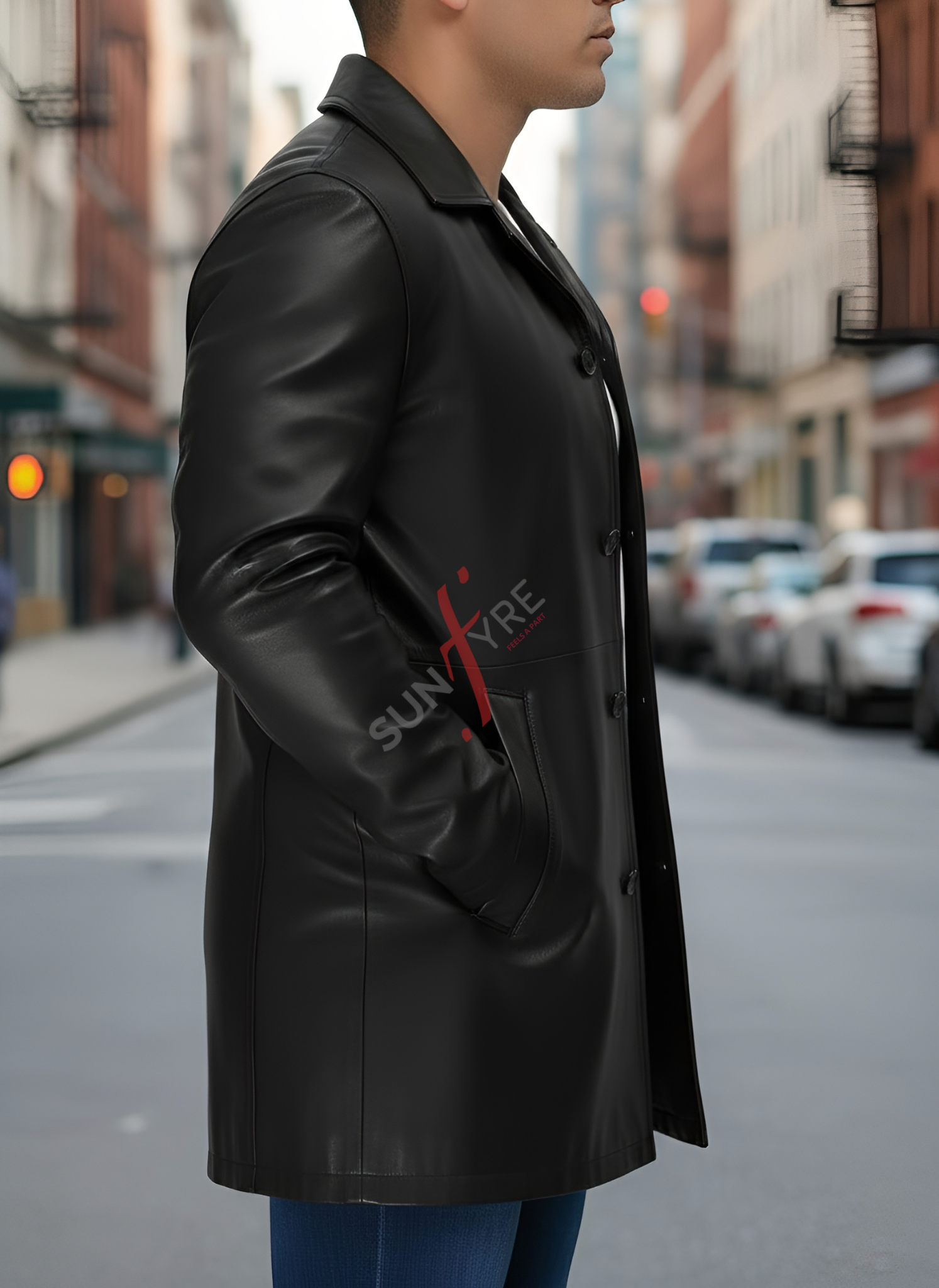 Person wearing a black leather coat with 'Suntory' logo on a city street.