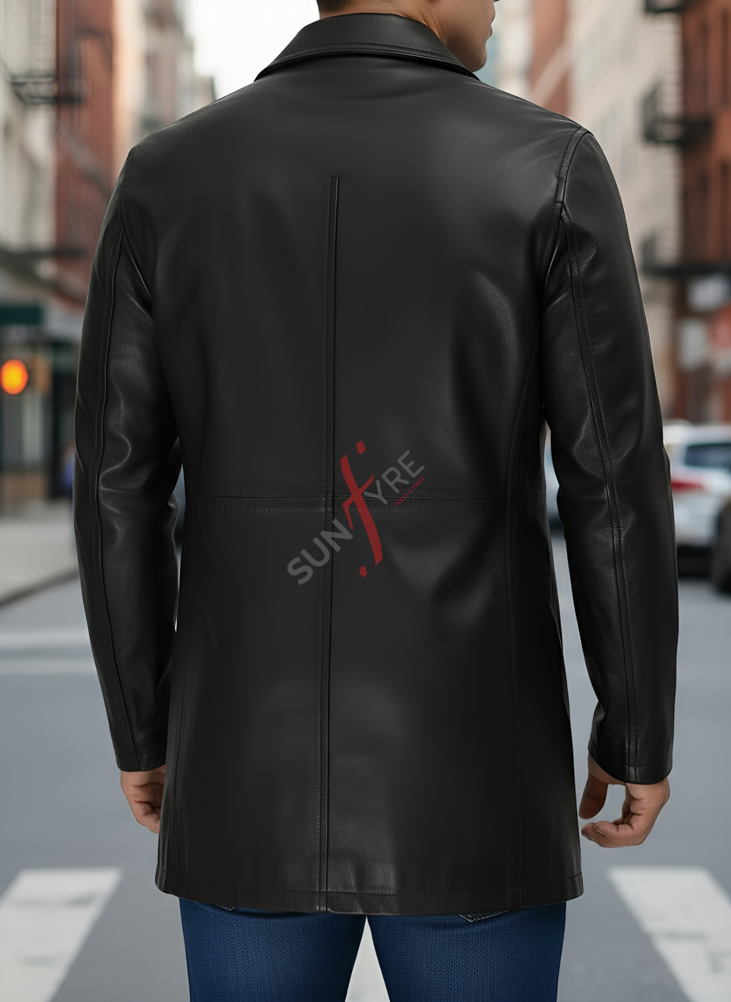 Person wearing a black leather coat with 'SUNFIRE' branding on a city street.