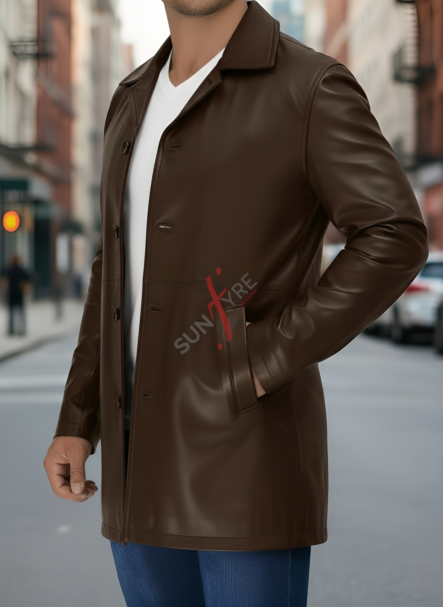 Man wearing a brown leather coat on a city street with 'Sunfire' logo.