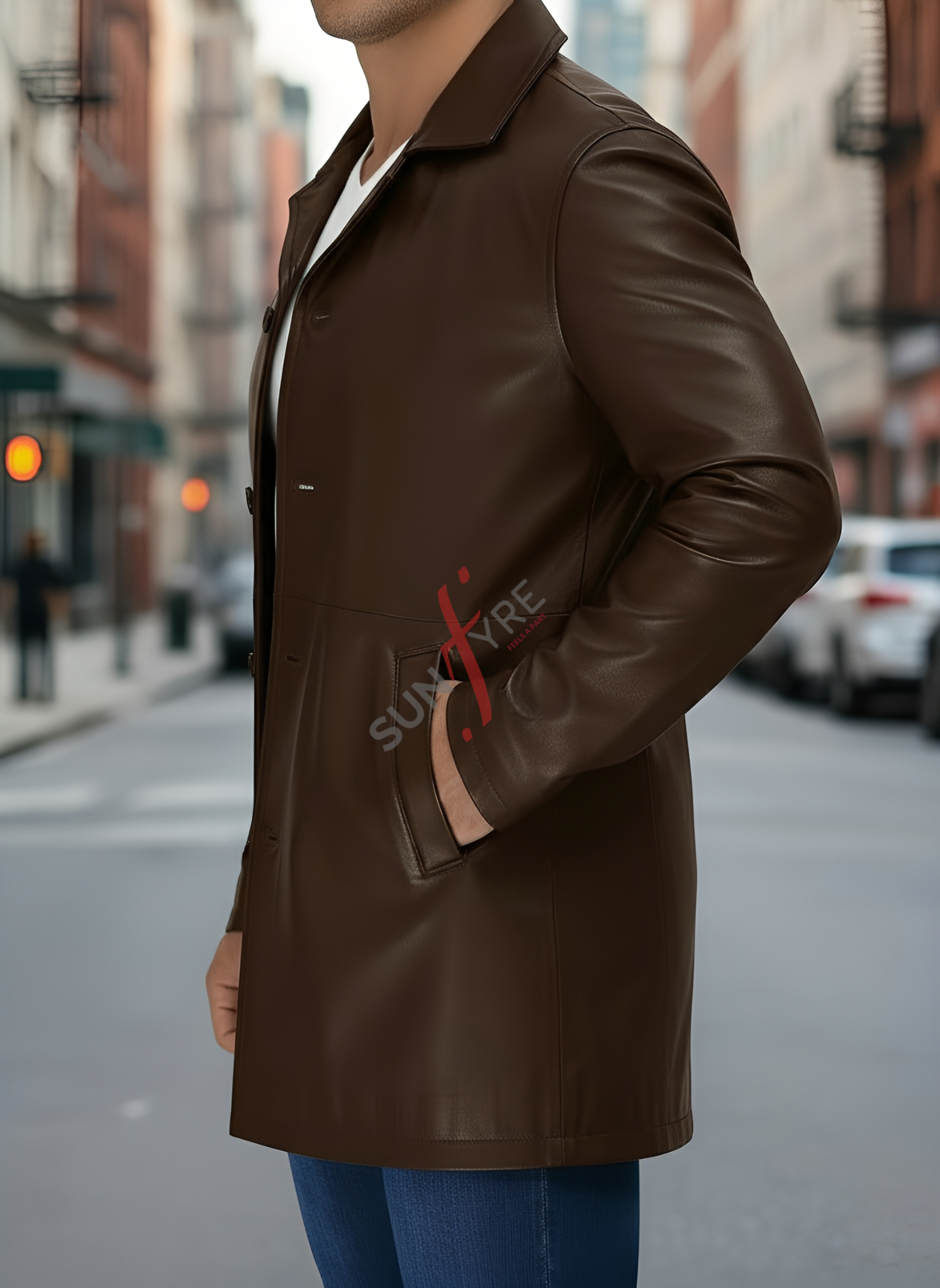 Man wearing a brown leather coat on a city street with 'Sunrye' branding.