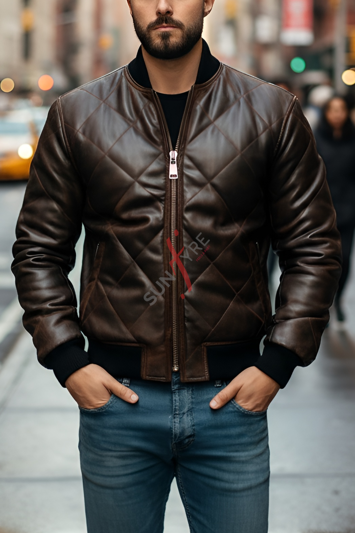 Man wearing a brown leather jacket on a city street