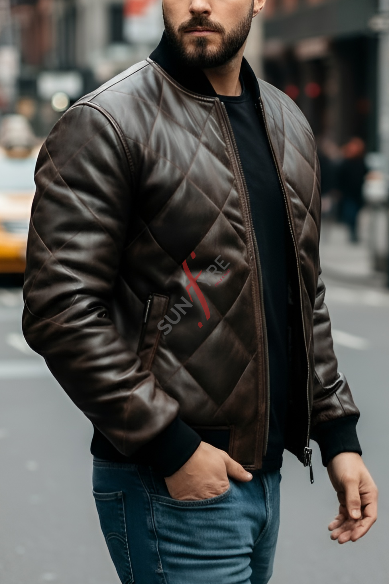 Man wearing a brown leather jacket with a brand logo on a city street.
