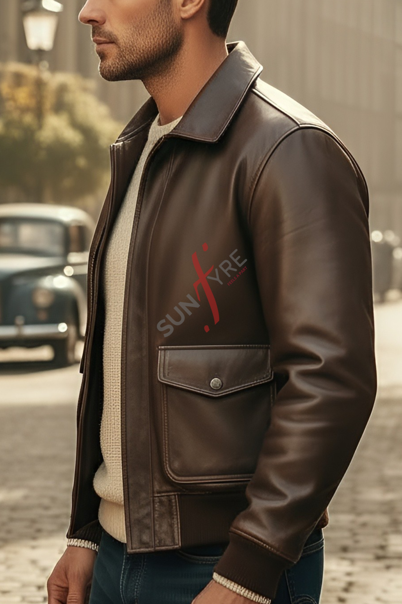 Man wearing a brown leather jacket with 'Sunraye' logo in an urban setting