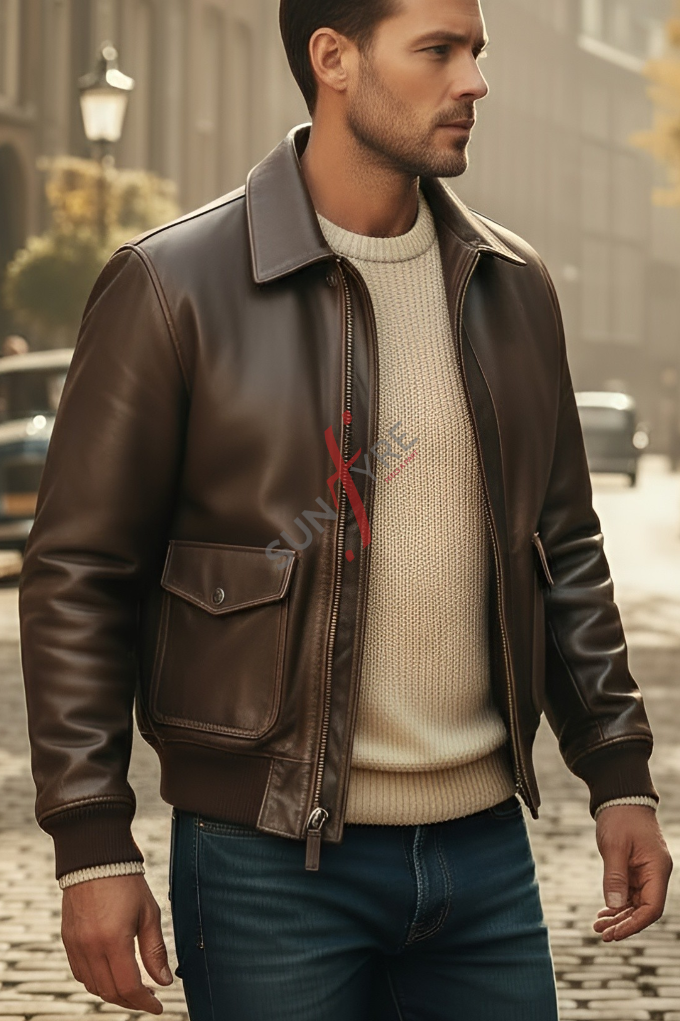 Man wearing a brown leather jacket over a beige sweater with a red logo on a city street.