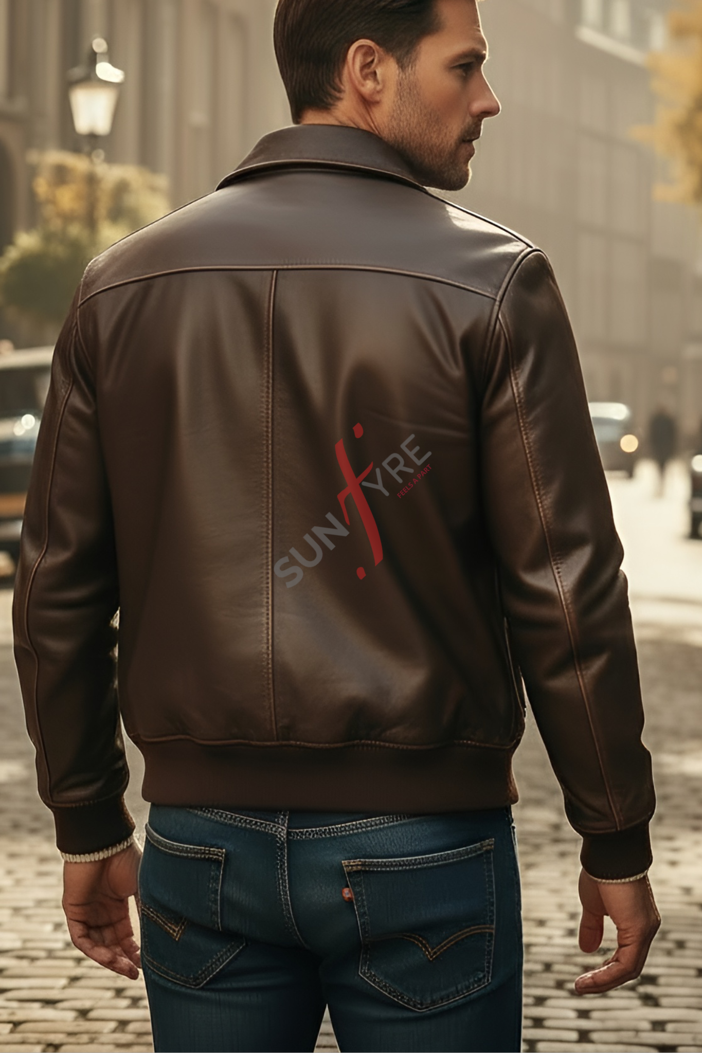 Man wearing a brown leather jacket with 'Sunray' logo on the back, walking in an urban setting.