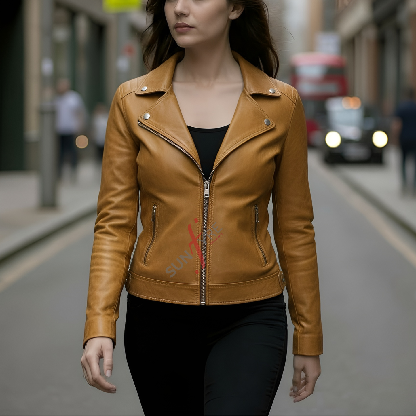 Naomi Cognac Leather Biker Jacket For Women 