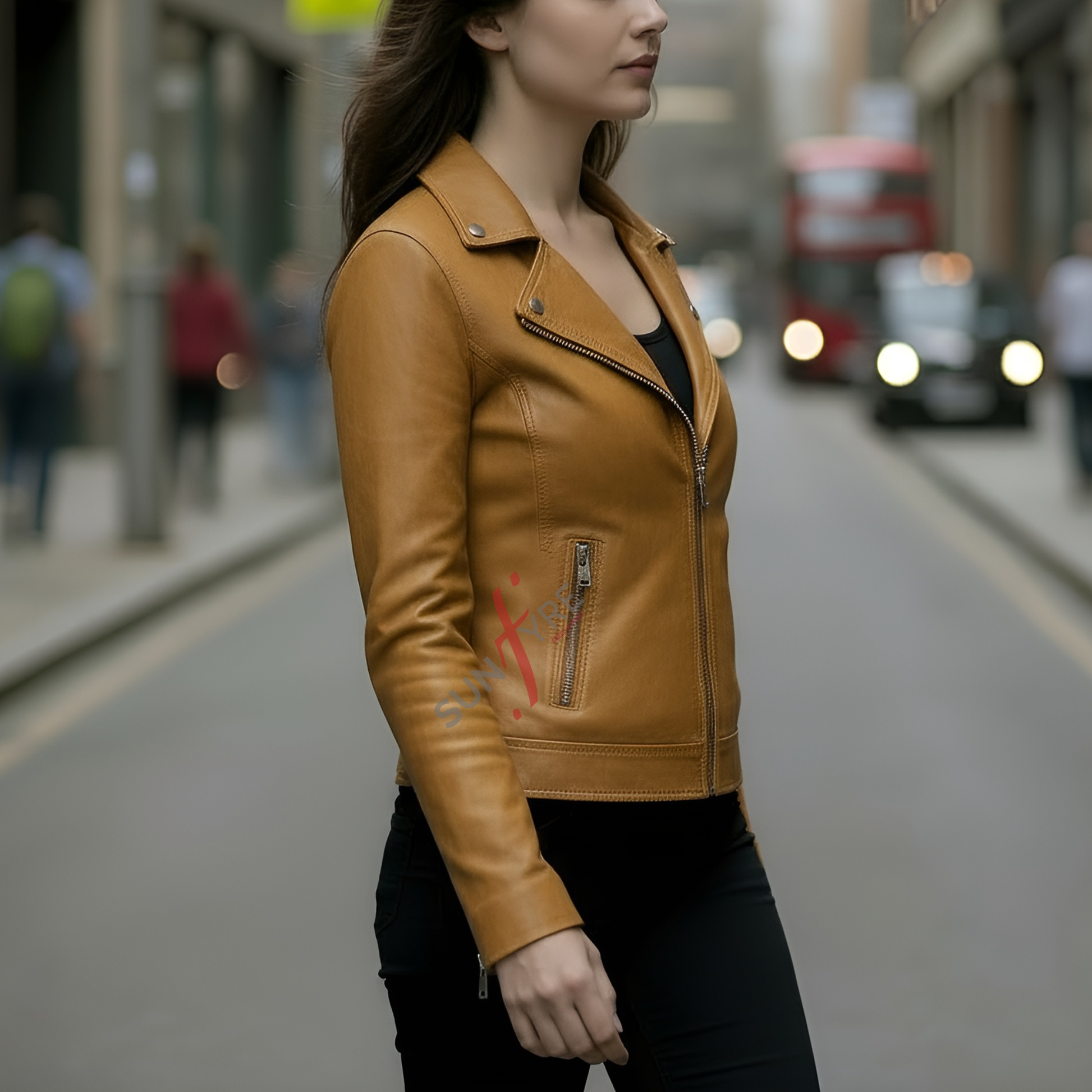 Naomi Cognac Leather Biker Jacket For Women 