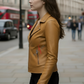 Naomi Cognac Leather Biker Jacket For Women in side pose