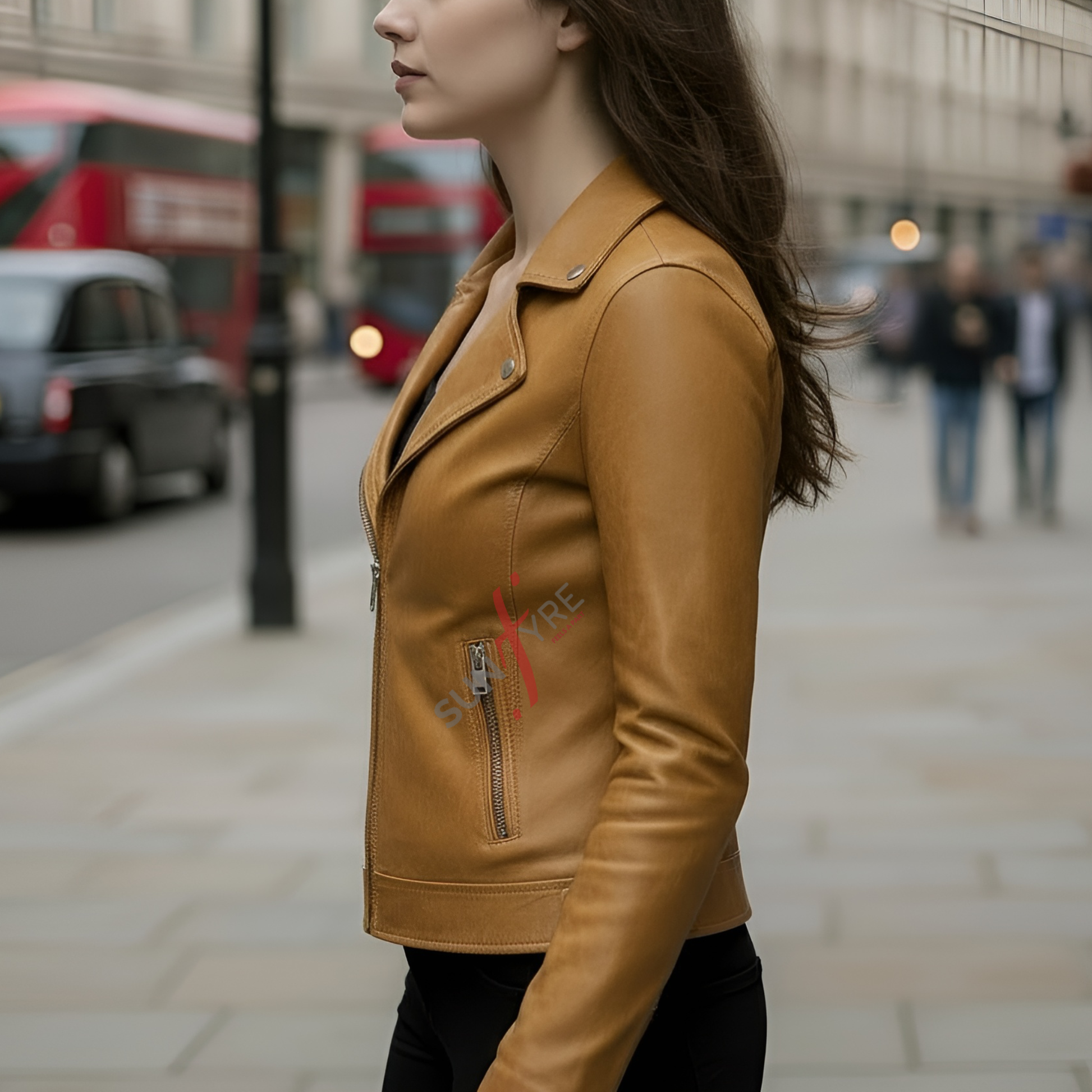 Naomi Cognac Leather Biker Jacket For Women in side pose