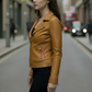 Naomi Cognac Leather Biker Jacket For Women on street