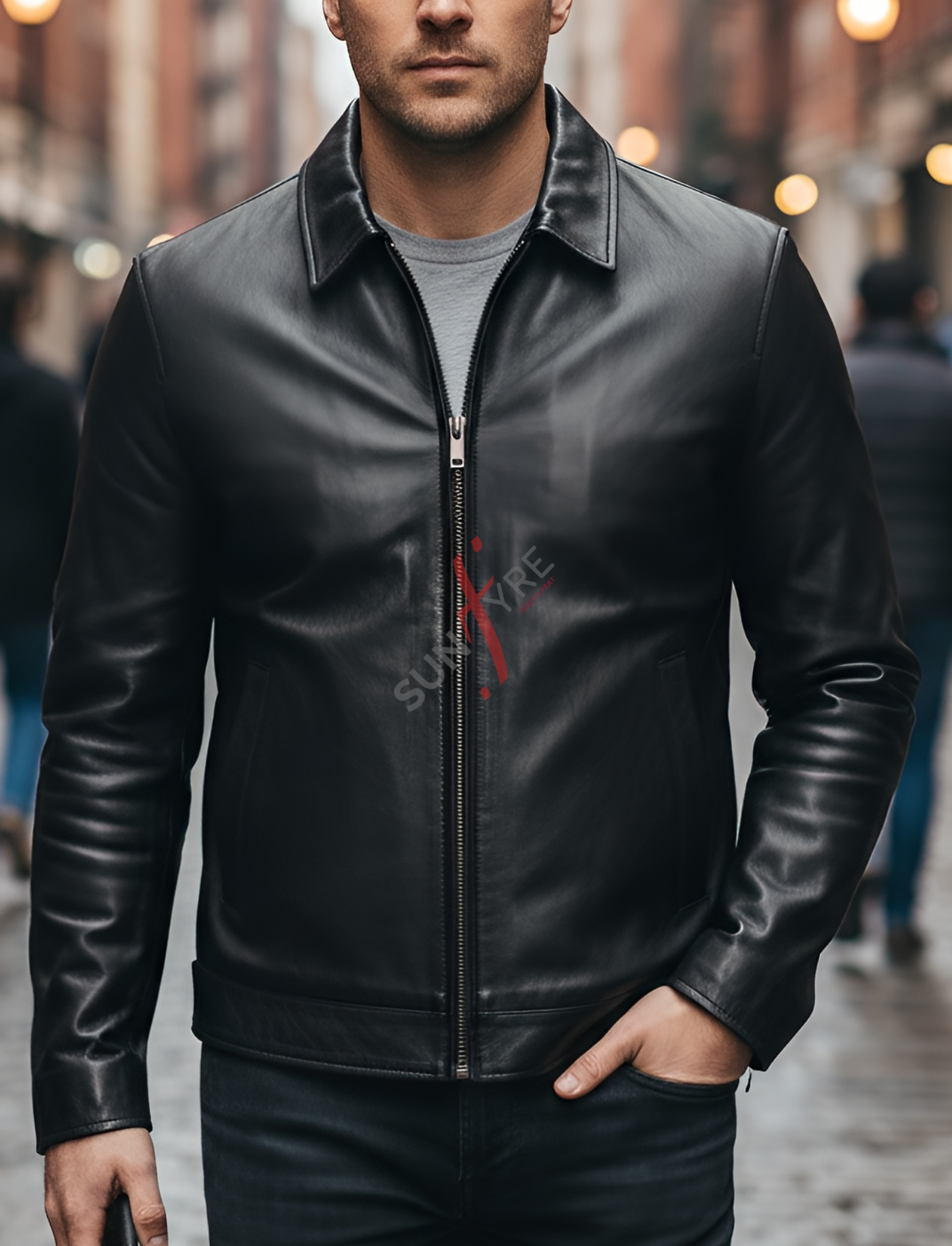 Man wearing a black leather jacket with a brand logo on a blurred street background