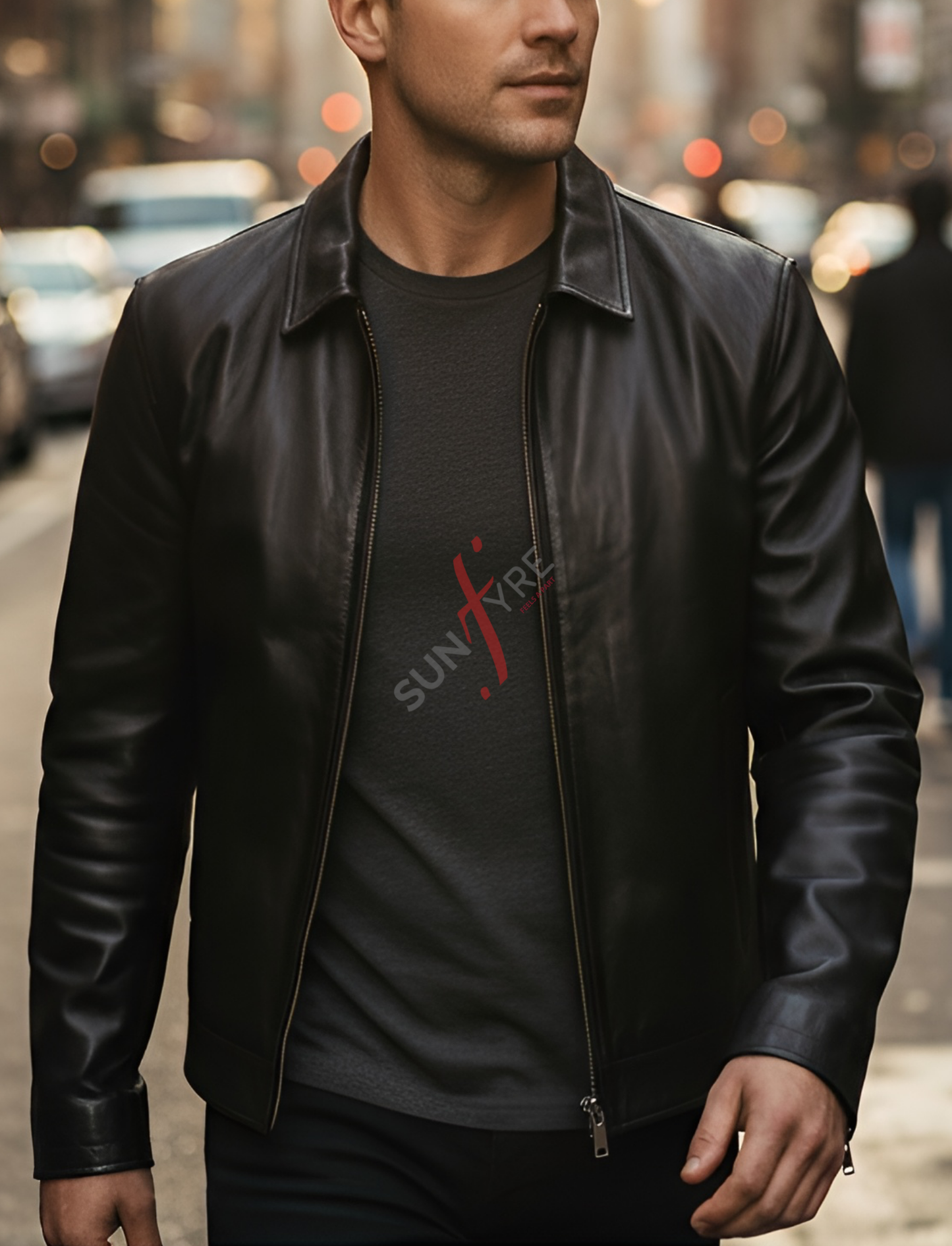 Man wearing a black leather jacket over a dark t-shirt with a logo, standing on a street.